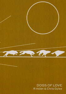 Gold book cover with stylized dogs running on a beam of light and a circle in the top righthand corner, representing the sun.