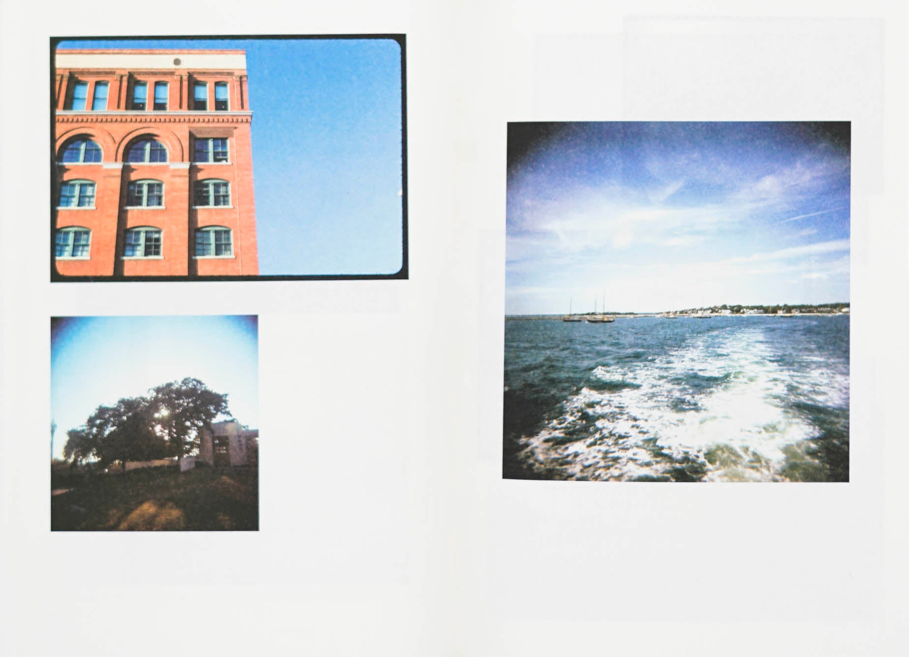Book spread three film photographs of a building, a tree backlit from the sun, and boats on water
