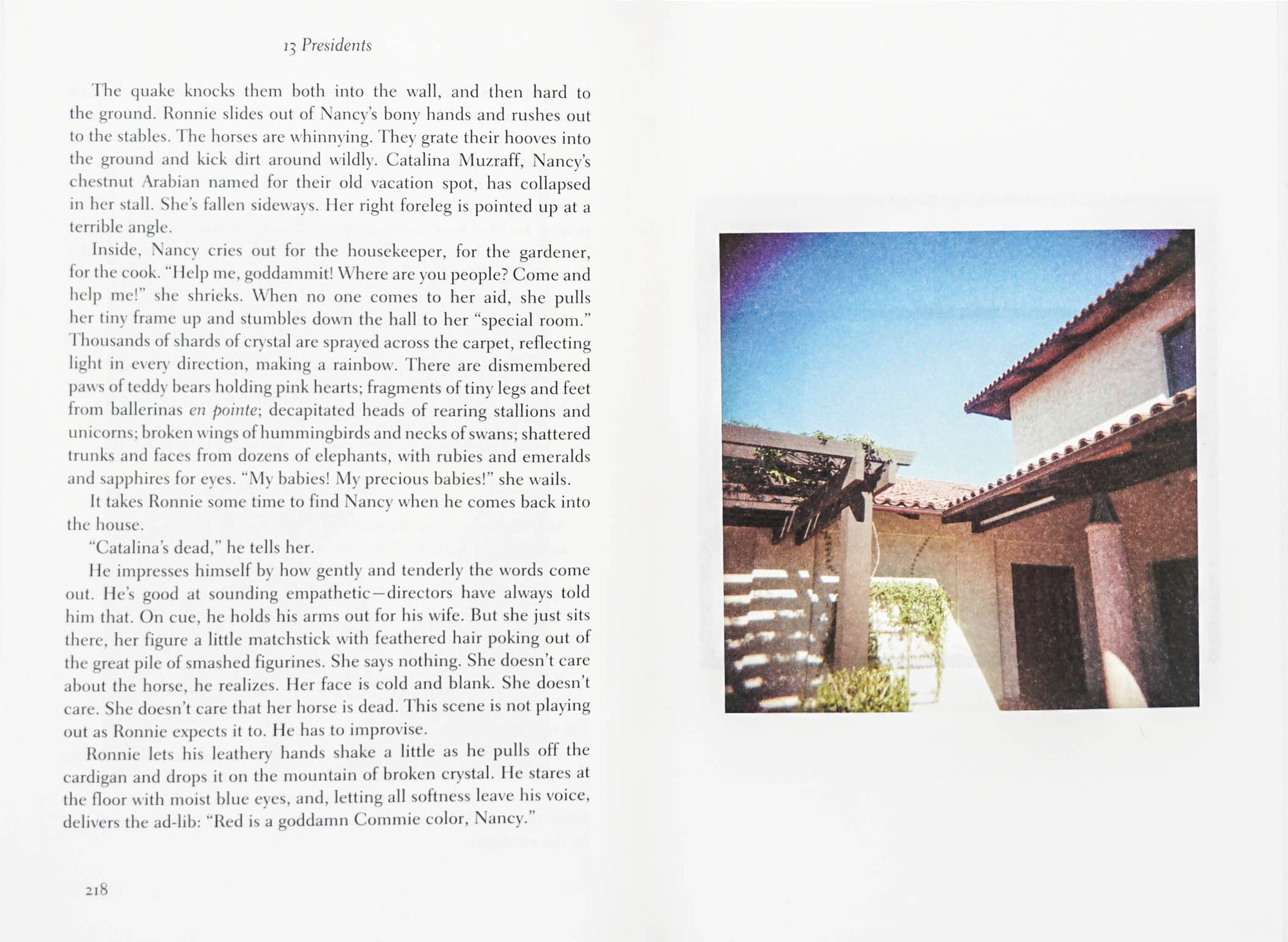Book spread with black serif type on the left and a photograph of a house on the right