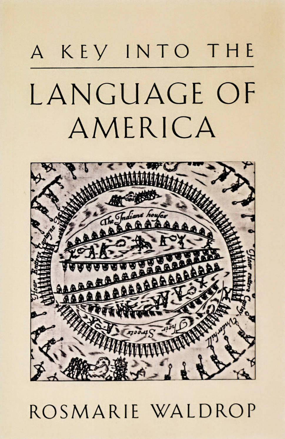 Tan book cover. At the top the title is written in all caps: A KEY INTO THE LANGUAGE OF AMERICA. At the bottom, the author's name: ROSMARIE WALDROP. There is an antique-looking extract from a map in the approximate center of the cover.