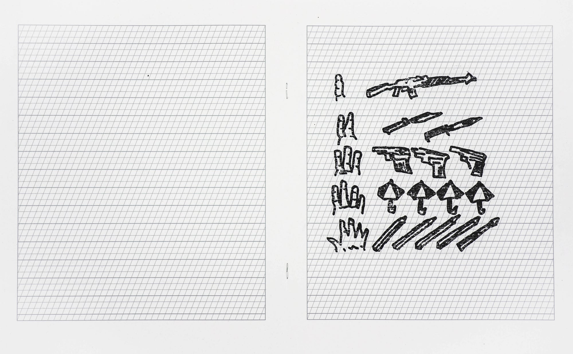 Book spread with white background and two patterned rectangles on each side. In the right half are black hand drawn images of hands, umbrellas, knives, firearms.