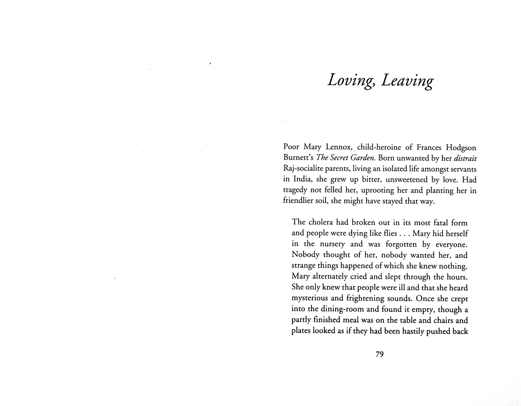 Spread of pages 78 and 79, with a chapter called 'Loving, Leaving' starting on the right page.
