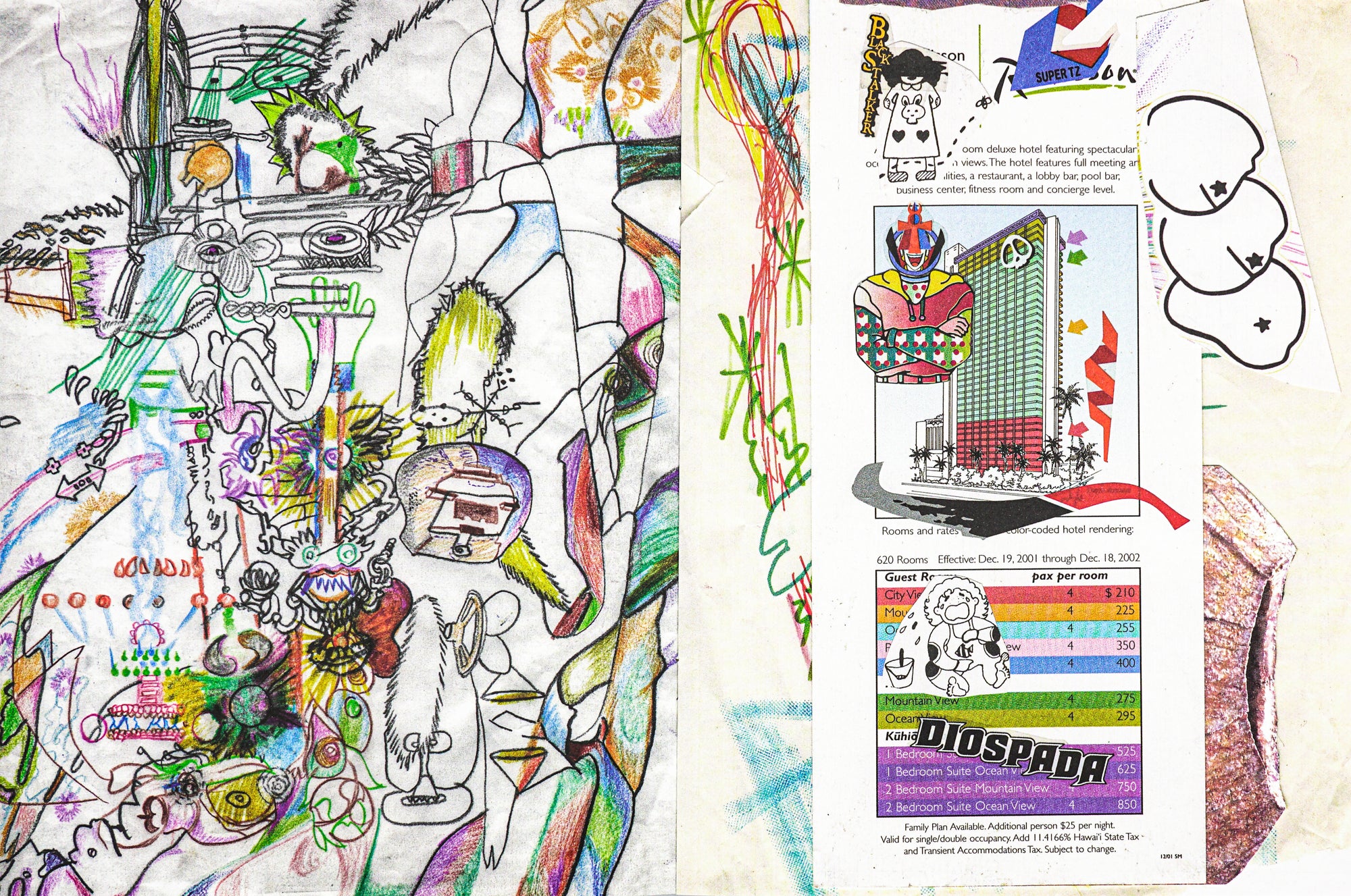 Spread with various scribbles, drawings, mixed media cut-outs in a vivid colour palette.
