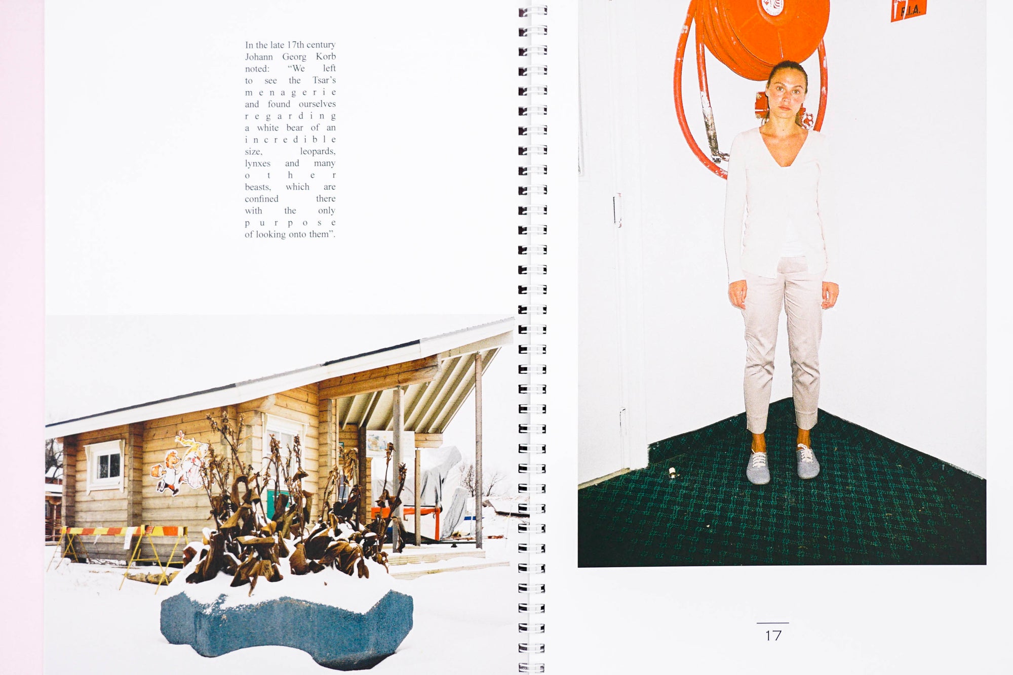 Two images in a book spread one of a girl and the other of a photo collage with serif type binded together by spiral rings
