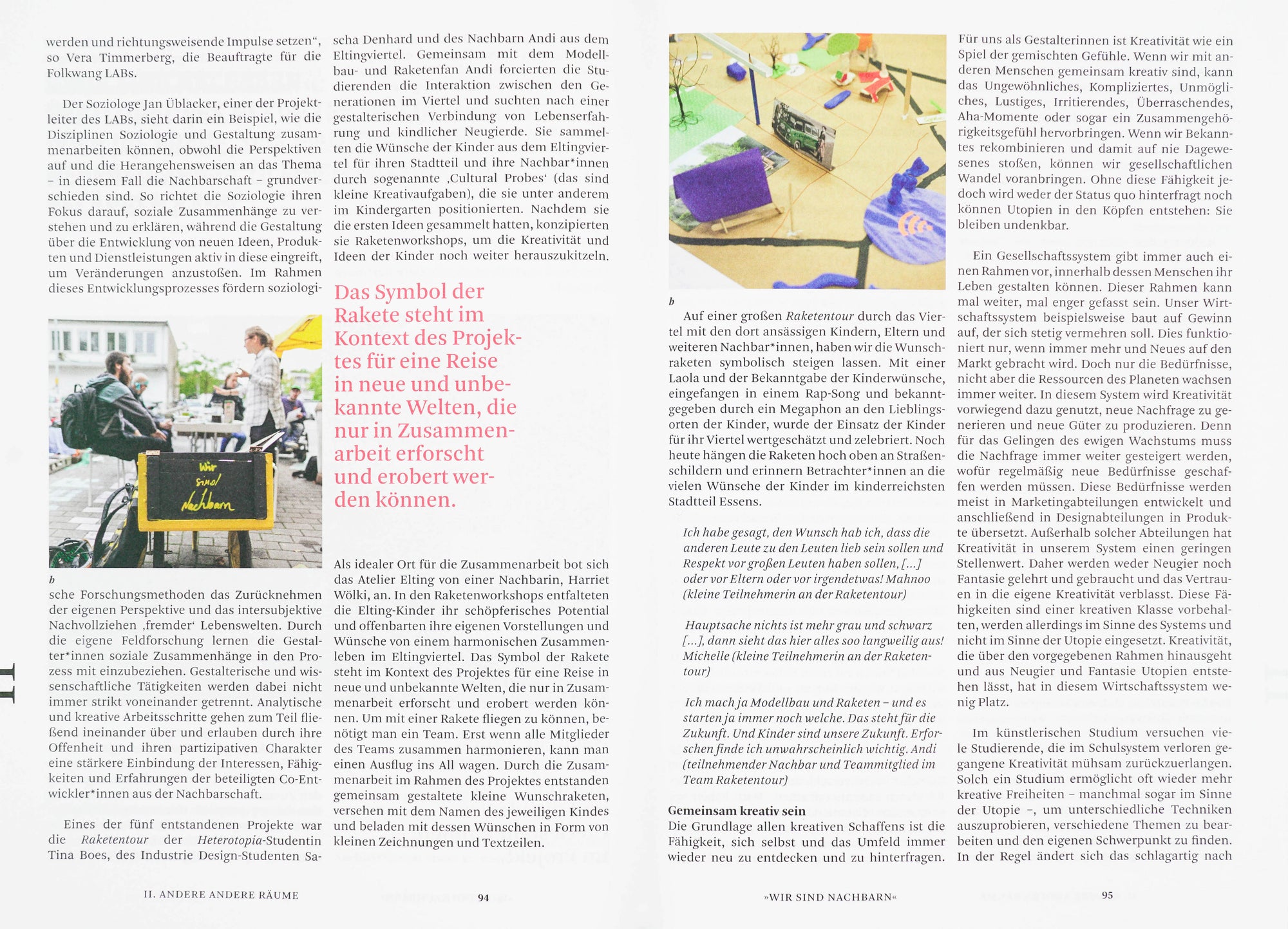 Book spread with white background and two serif black text columns on each page. On each side the columns are interrupted by two small colour images depicting two people sitting on the street on the left as well as materials on the right page.