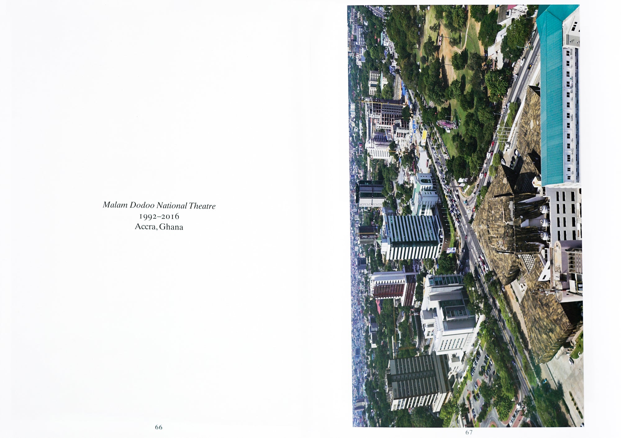 Book spread: Italic serif type in black on a white backdrop alongside an aerial image of a city