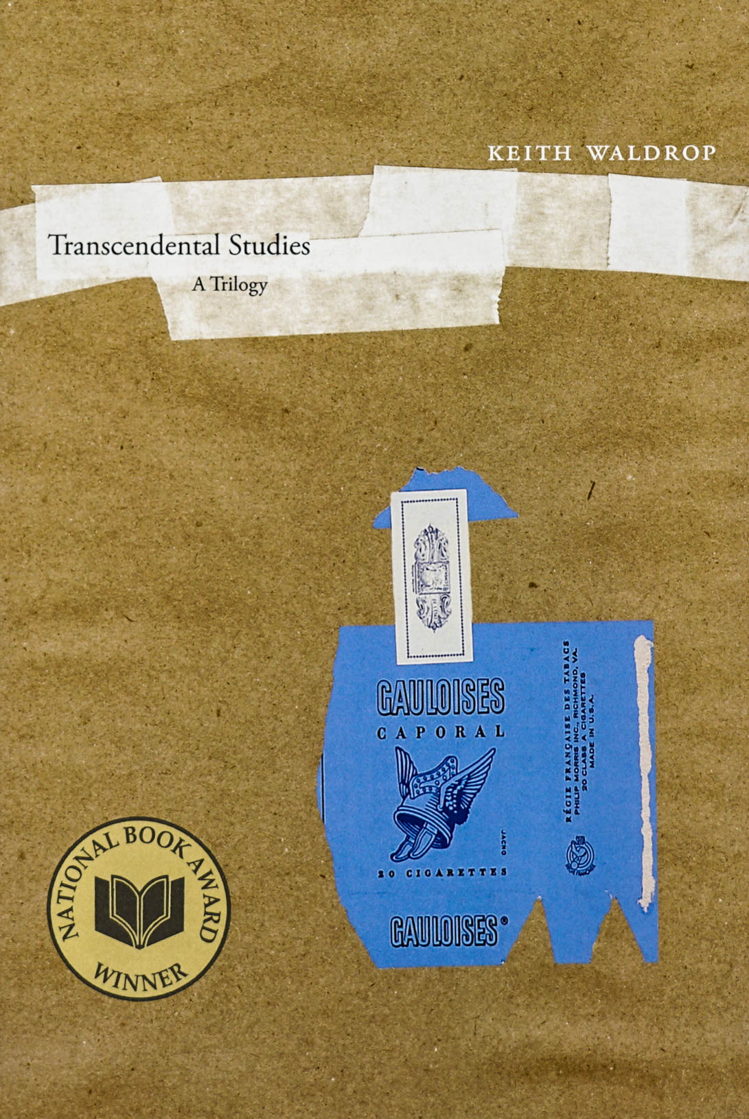 Keith Waldrop Transcendental Studies A Trilogy in serif type over a image of brown paper covered package with stamps and postage