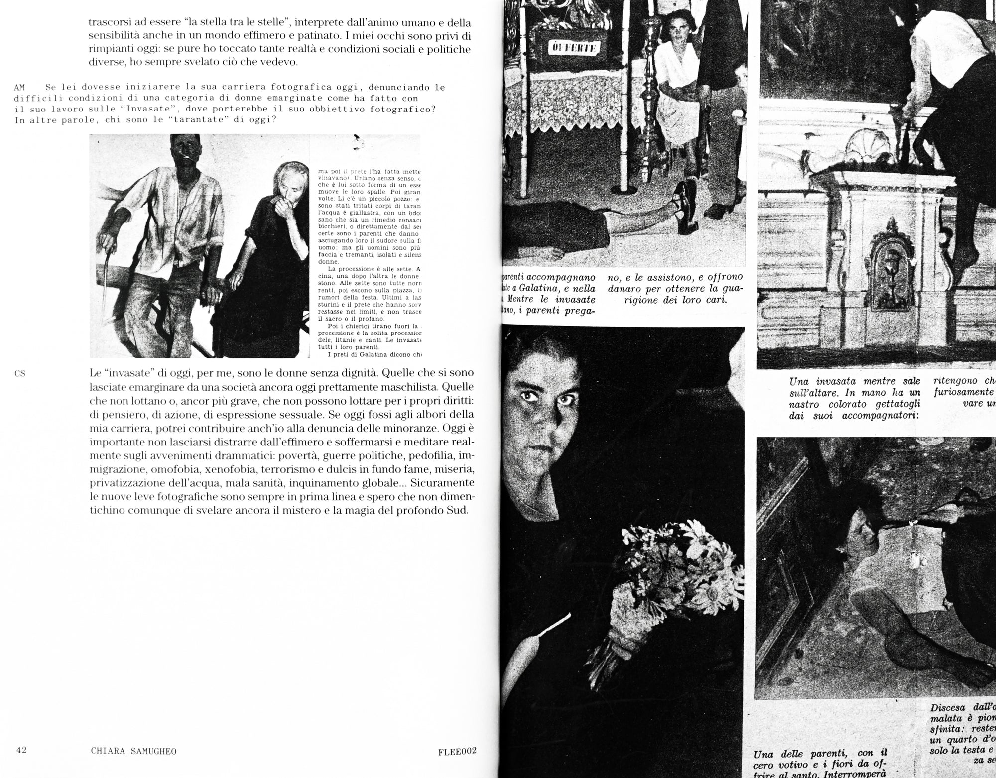 Black textt and photocopied black and white photos from news clippings