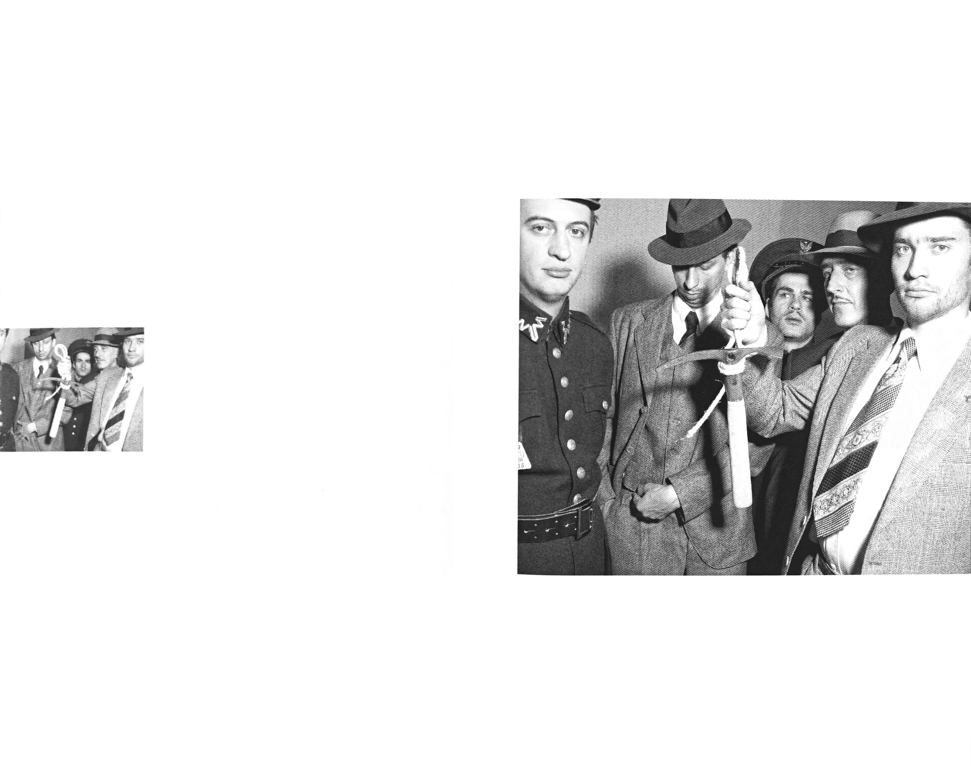 Two phtocopied black and white newsprint image of men in suits holding an ice pick, one large and one small on a white backdrop