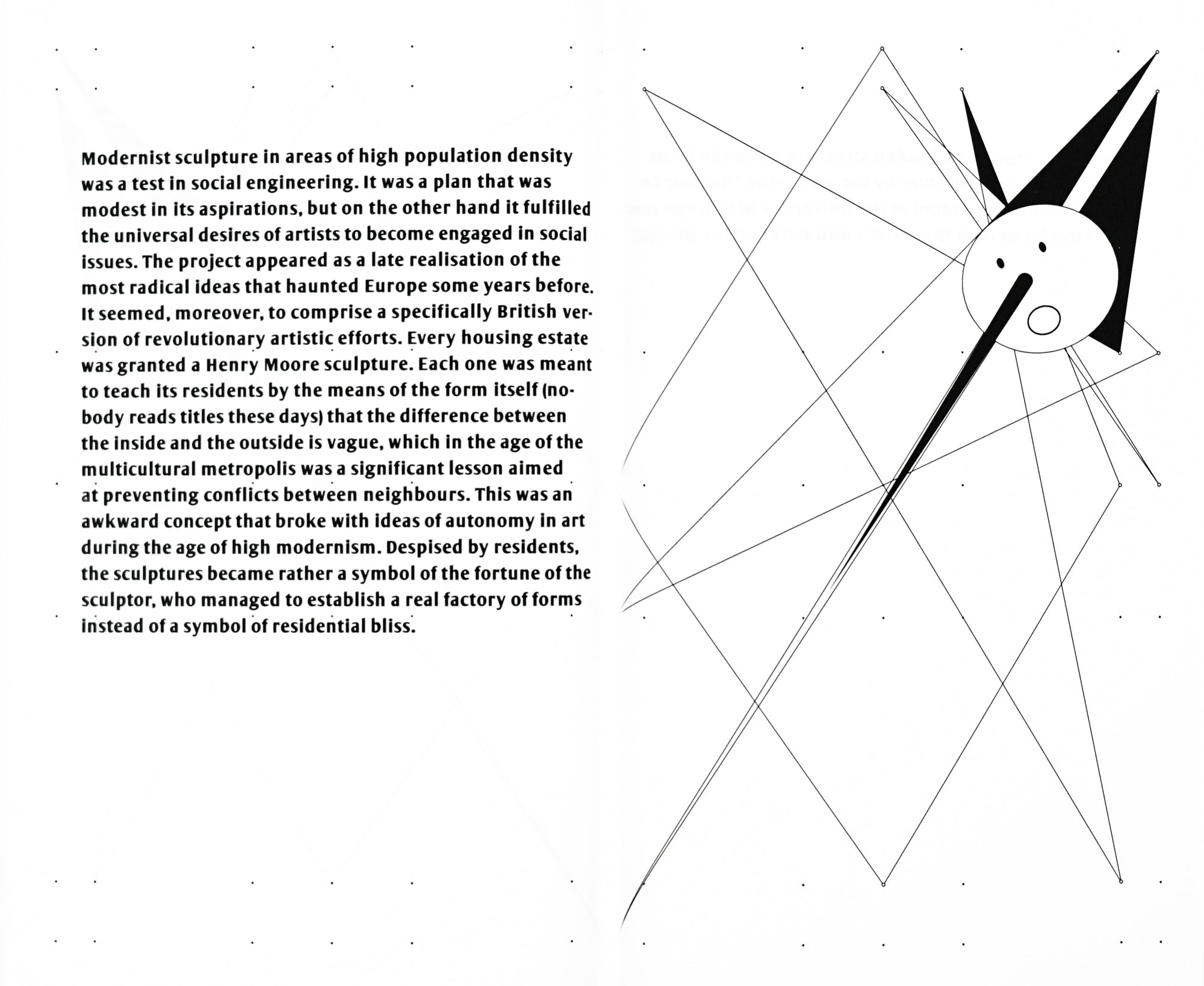 Book spread: Sans serif type alongside simple illustration of a face with angular treatments in black on a white backdrop