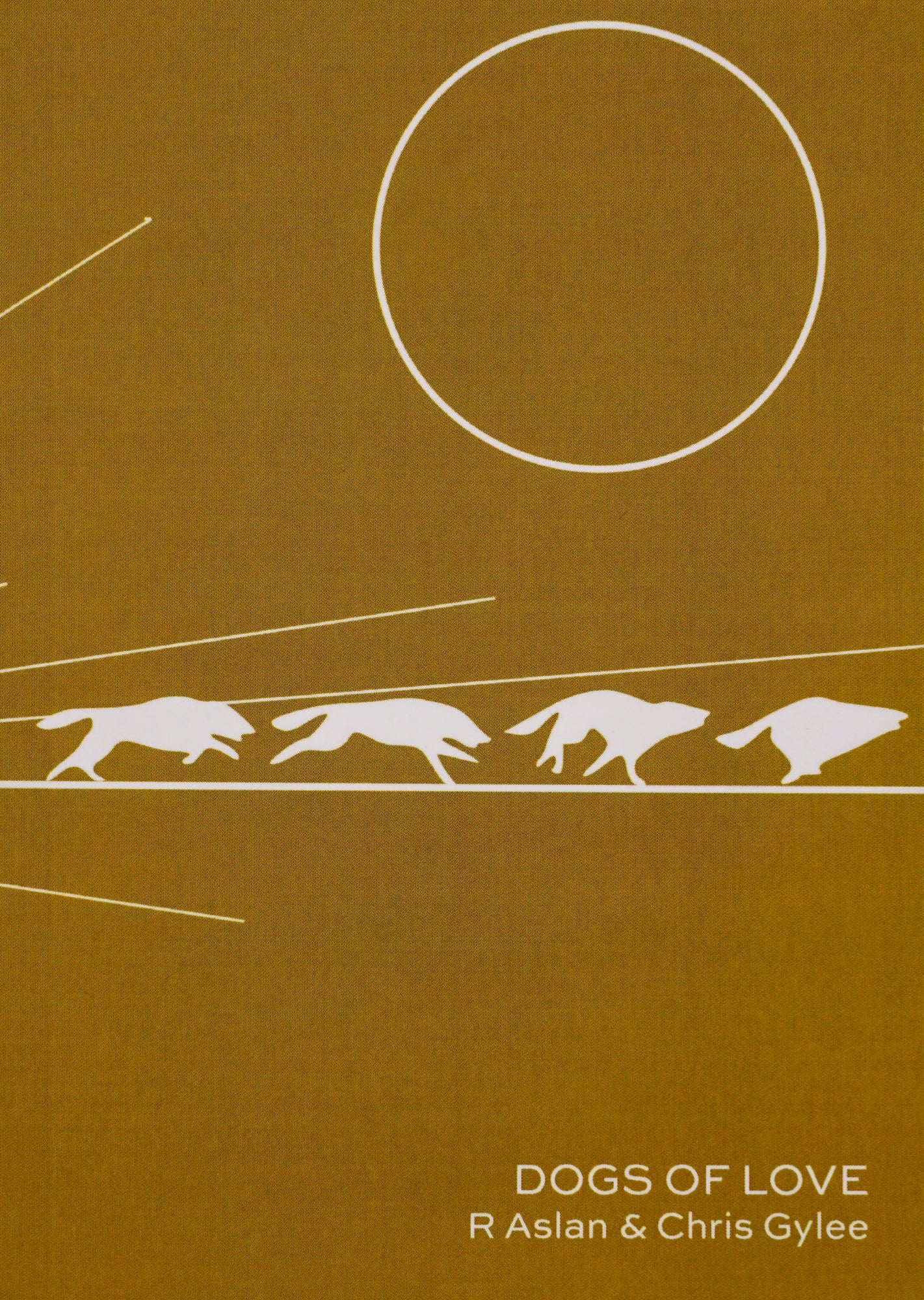 Gold book cover with stylized dogs running on a beam of light and a circle in the top righthand corner, representing the sun.