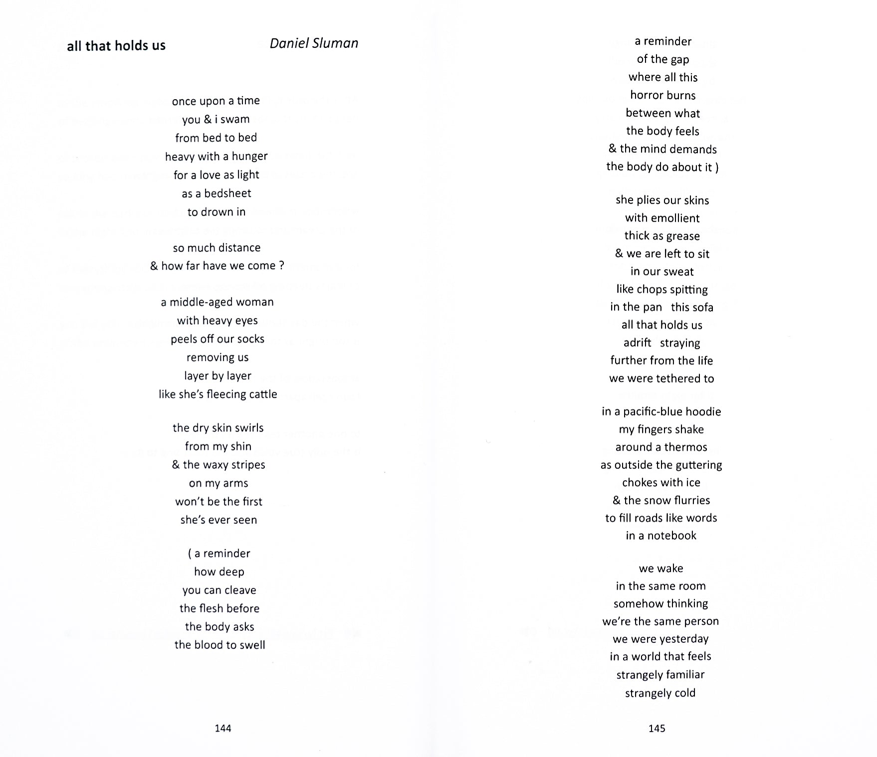 Spread depicting Daniel Sluman's 'all that holds us'. The text is formatted as centred, so that a few words at a time sit in the middle of the page.