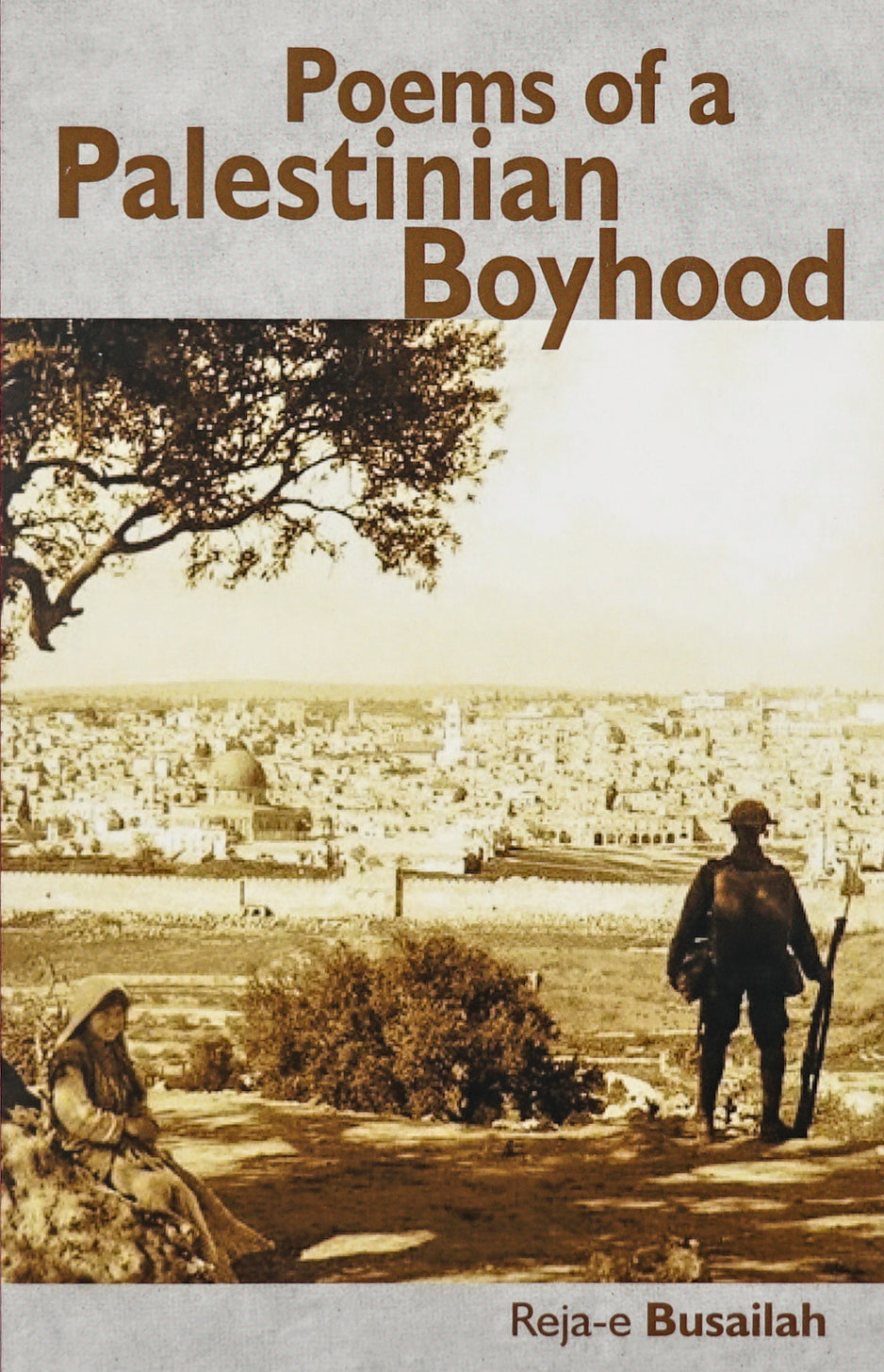 Poems of a Palestinian Boyhood in brown sans serif type over an image of two figures in a field overlooking a city from a distance. One of them faces away toward the city and leans their right hand on a rifle while the other one sits under the tree and gazes past the camera into the distance. 
