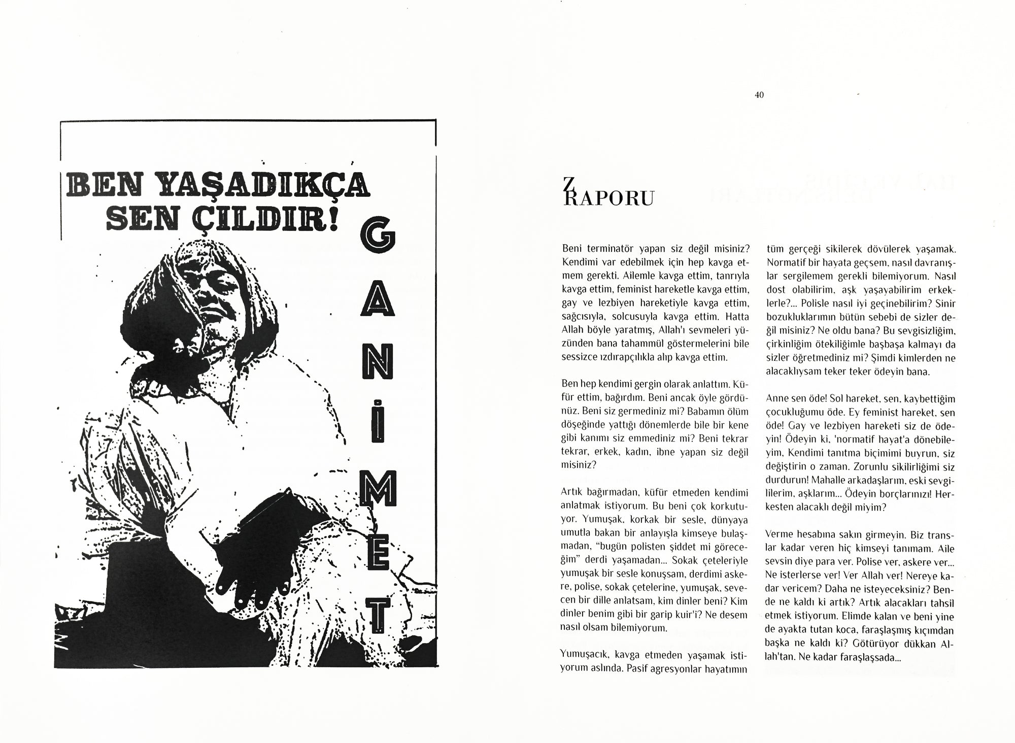 Spread with a piece of writing in Turkish on the right page, and on the left an illustration of a figure with bold, letterpress-style text in Turkish