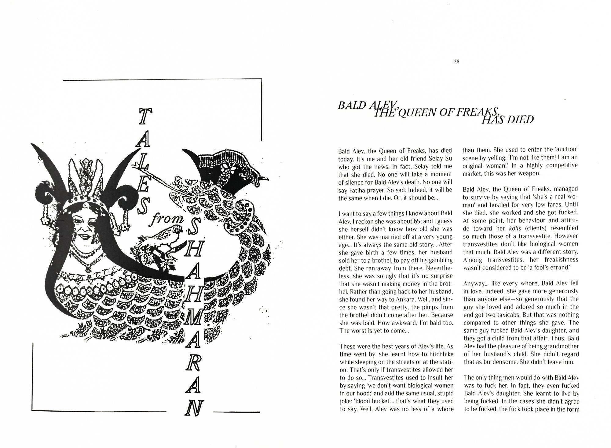 Text written in English on the write, and on the left an illustration of a long-haired figure merged with a serpent on the right.