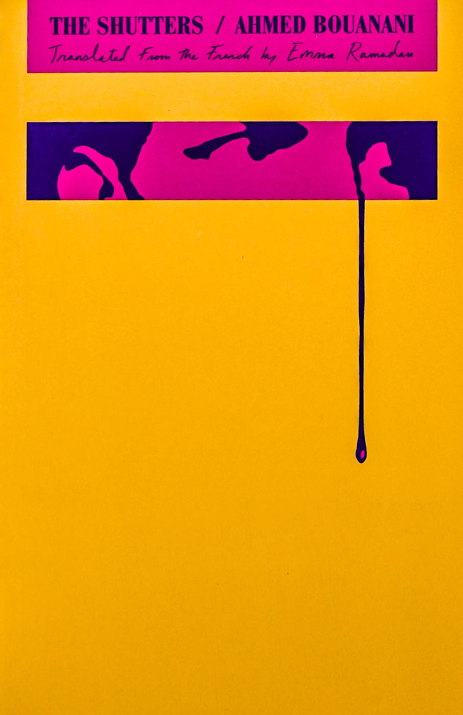 Book cover in a peach color with a thin bar that shows, in pink and purple contrasting colors, a thin sliver of a face from the middle of the nose to the top of the eyebrows. At the top the title and author are written in all caps: THE SHUTTERS / AHMED BOUANANI