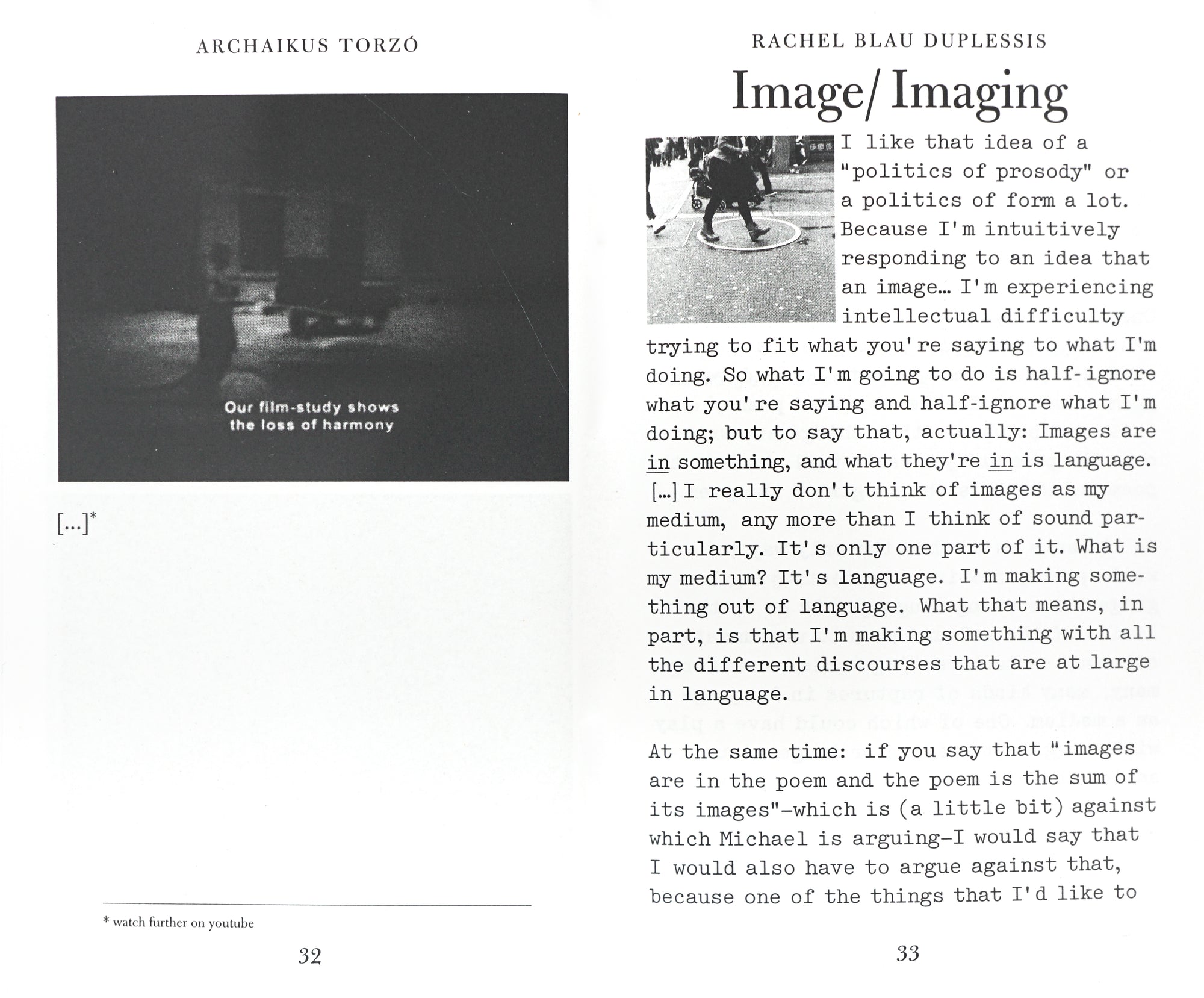 Spread from the book with a film still on the left side, and an essay by Rachel Blau Duplessis on the right.