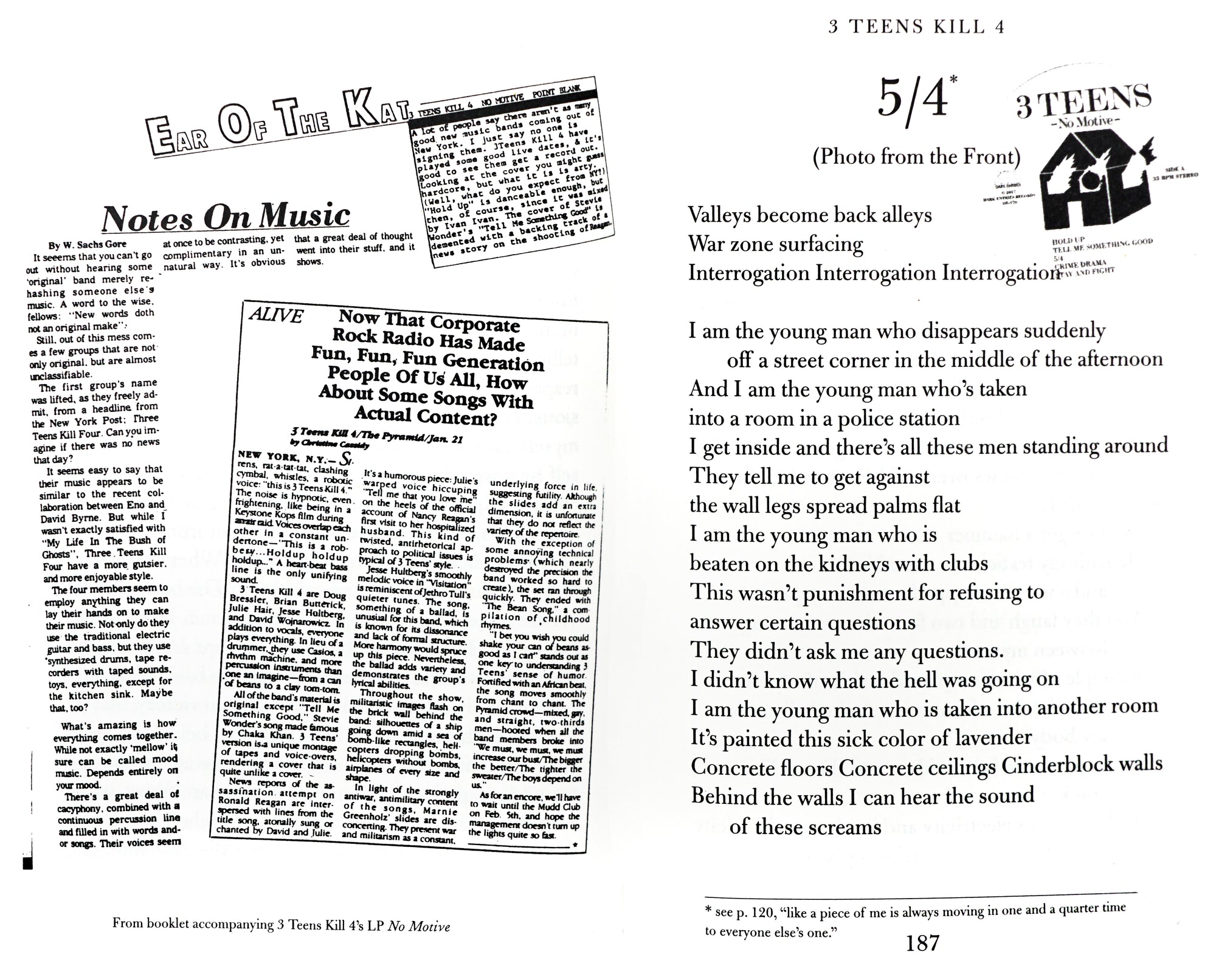 Spread of a book, with a poem on the right side, and on the left side a small collage of a few newspaper clippings.