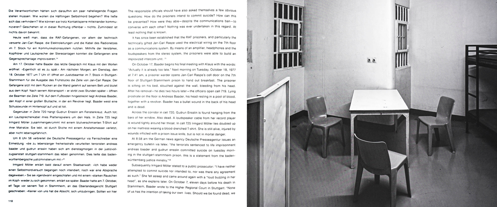 Book spread with black type and a black and white image of a prison interior 