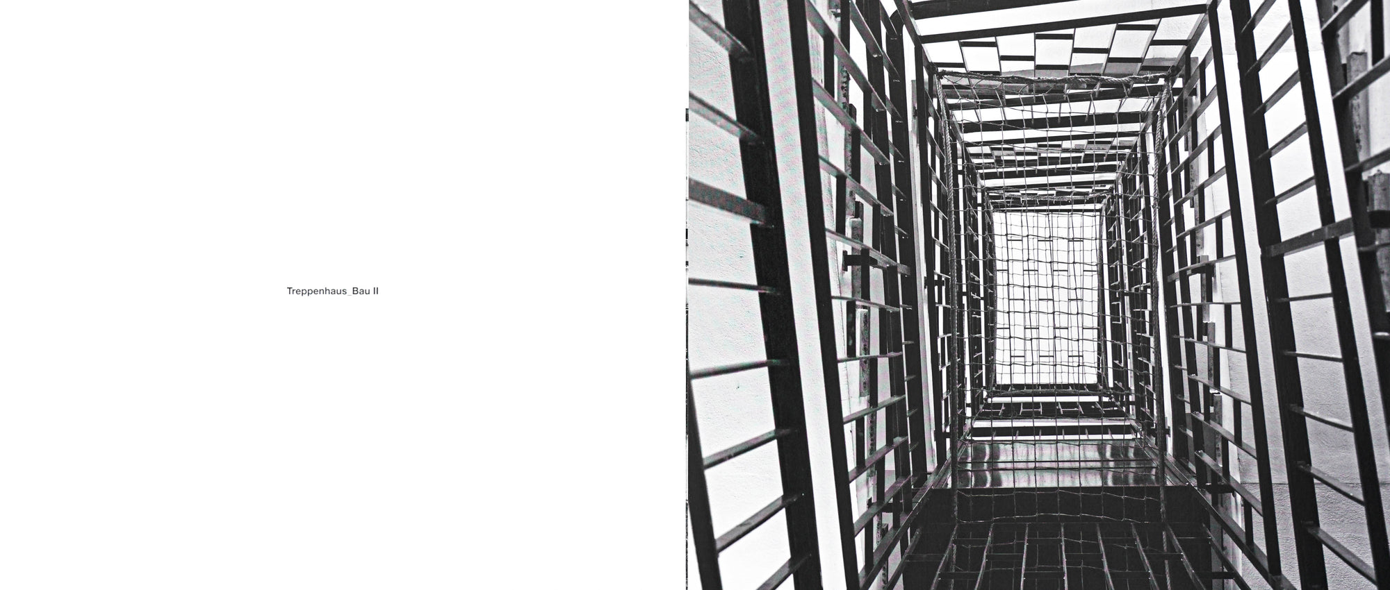 Black and white image on the left of a book spread with centered black text on the opposite side