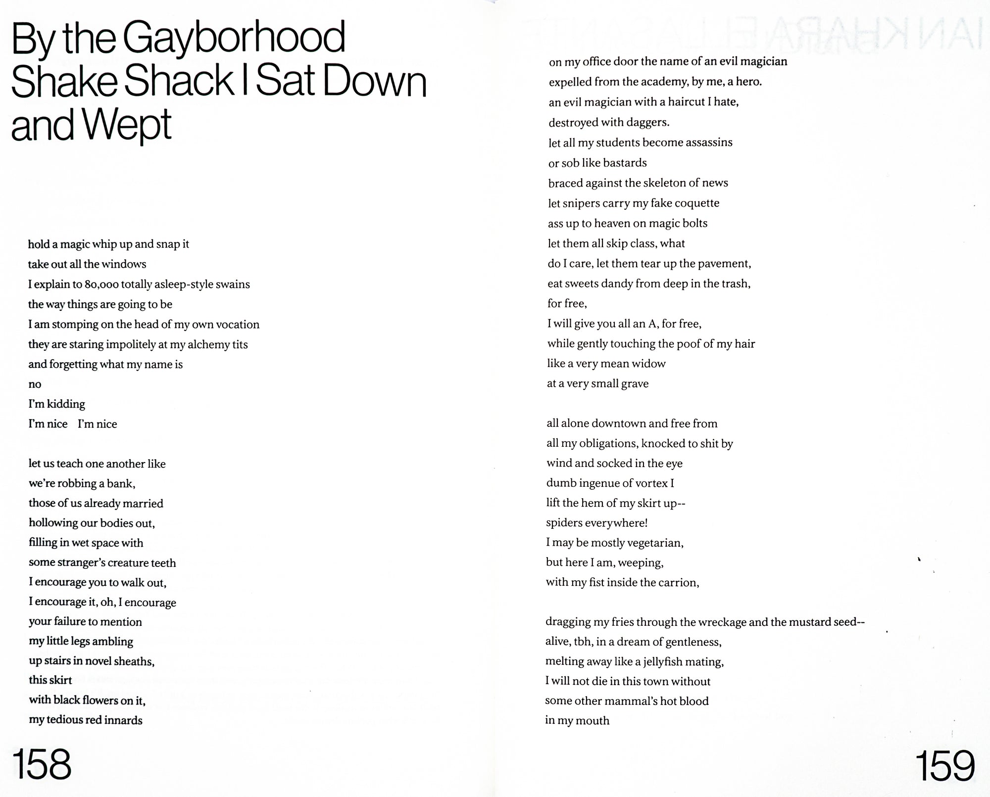 A spread depicting poetry, with a title to the top left reading 'By the Gazborhood Shake Shack I Sat Down and Wept'.
