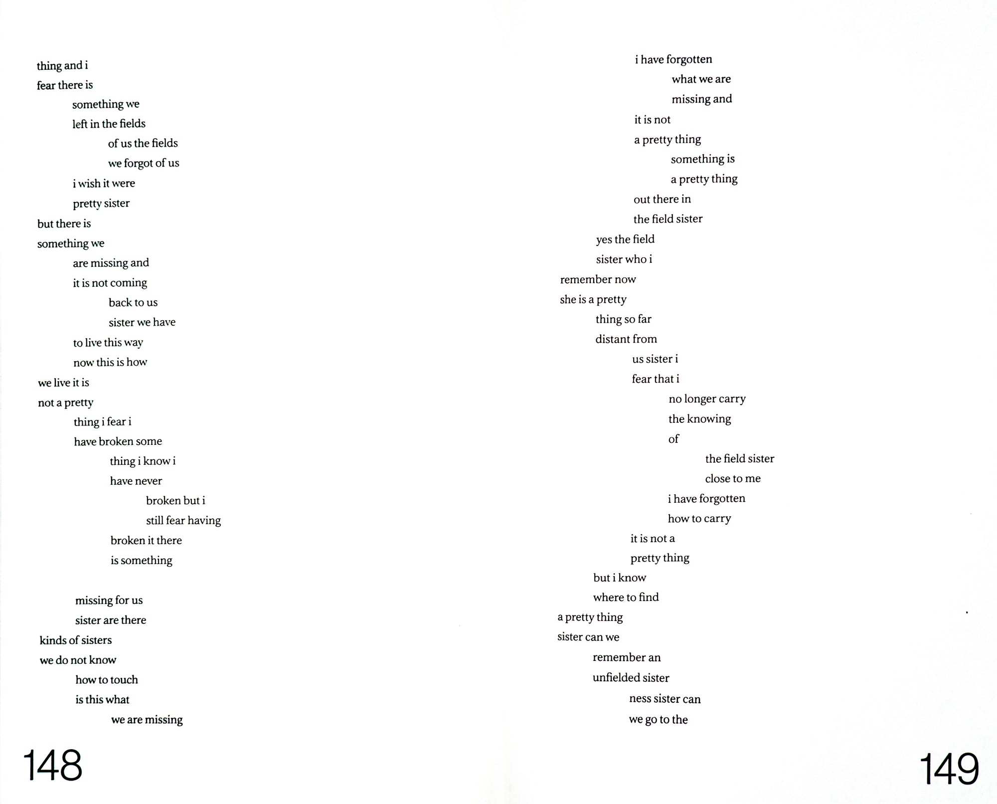 A spread showing poetry in very short lines that run down the two pages in a wavy manner.