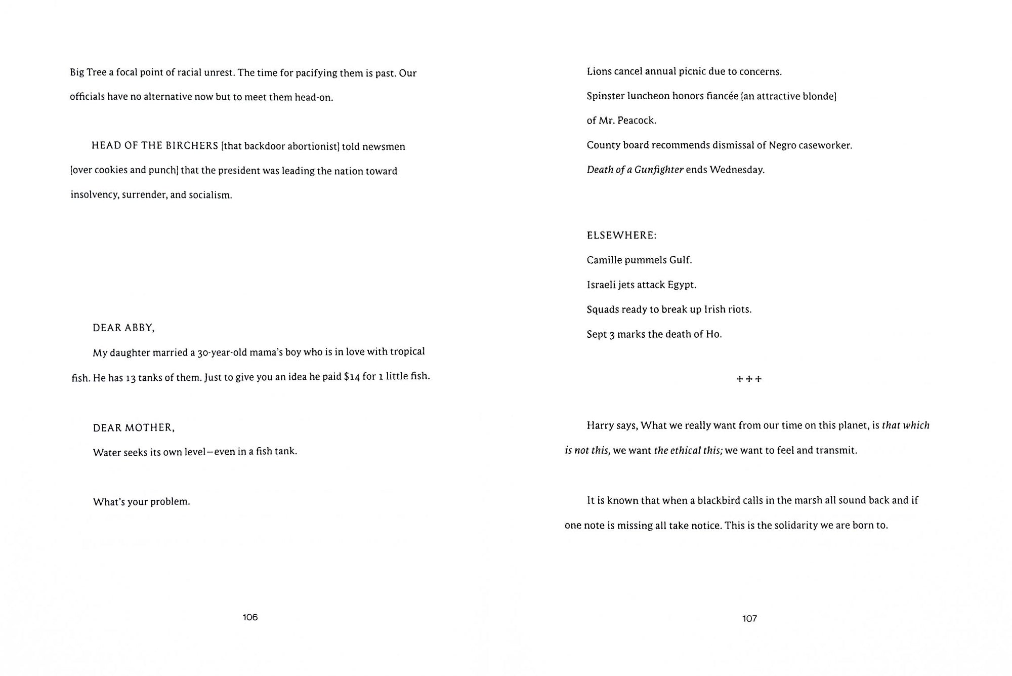 Book spread with black sans serif type on white backdrop