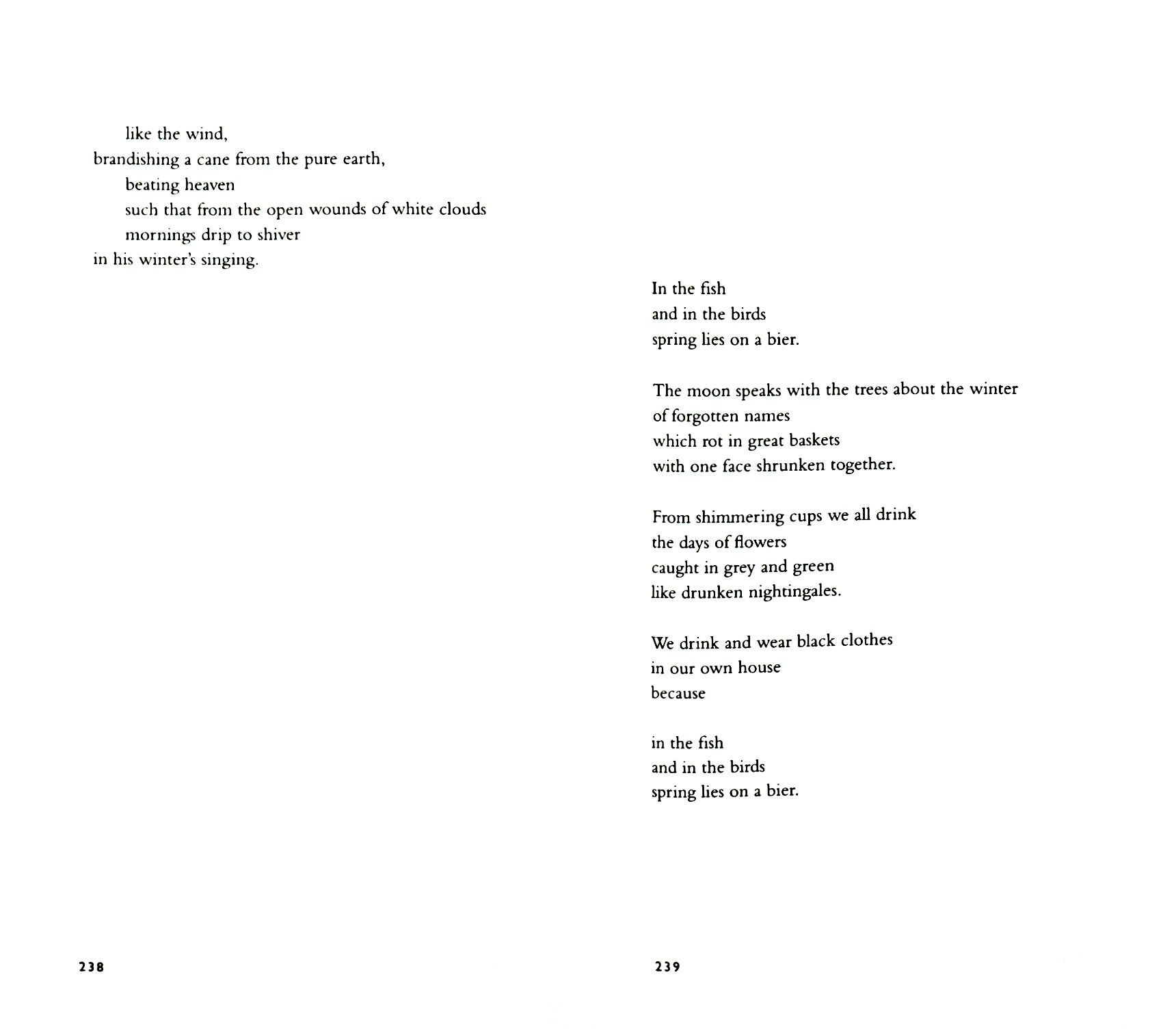 A spread showing several stanzas of poetry on both sides, set in serif type.