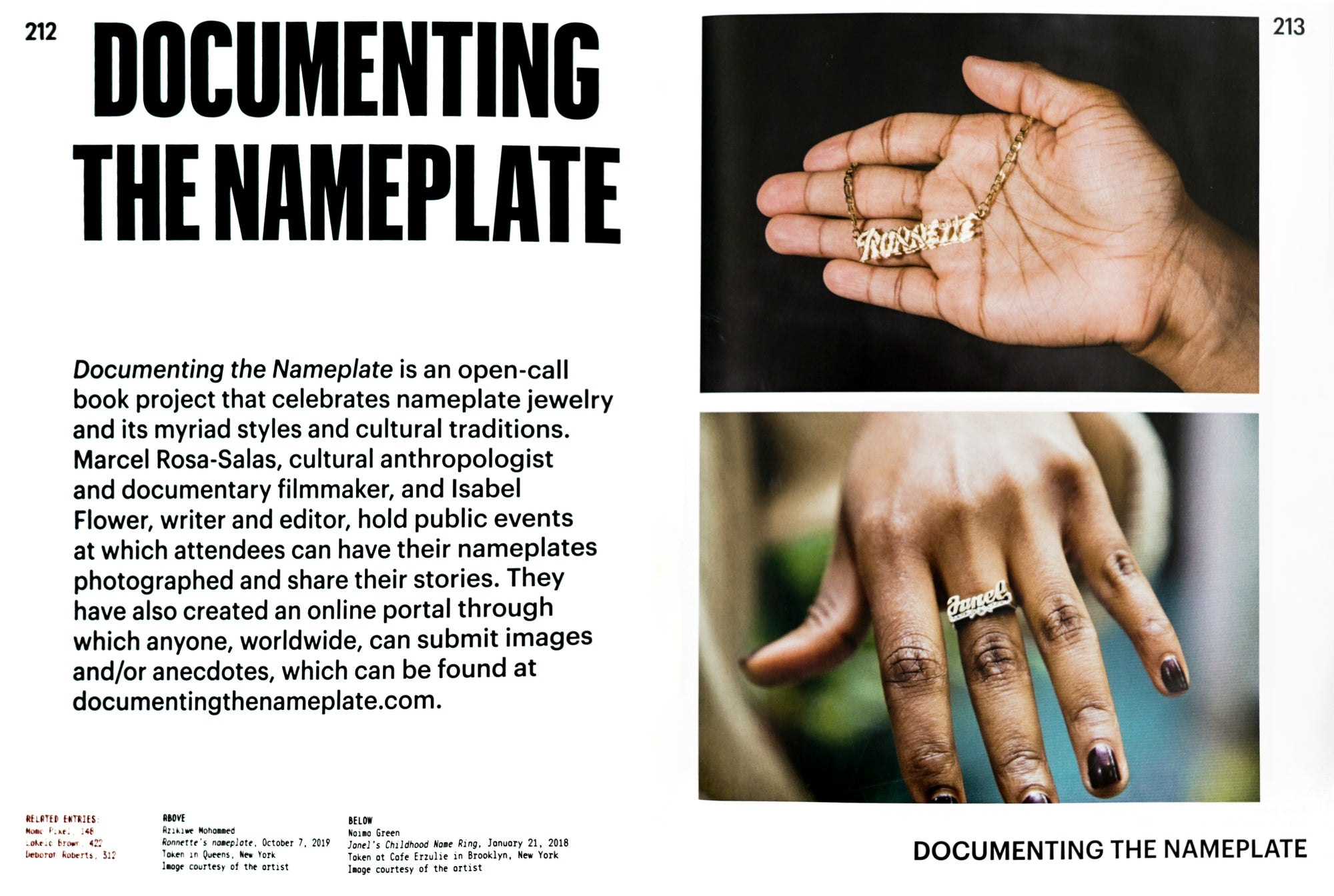 Book Spread: Serif type header and body text in black with two images one hand holding gold nameplate necklace and the other showing a nameplate ring