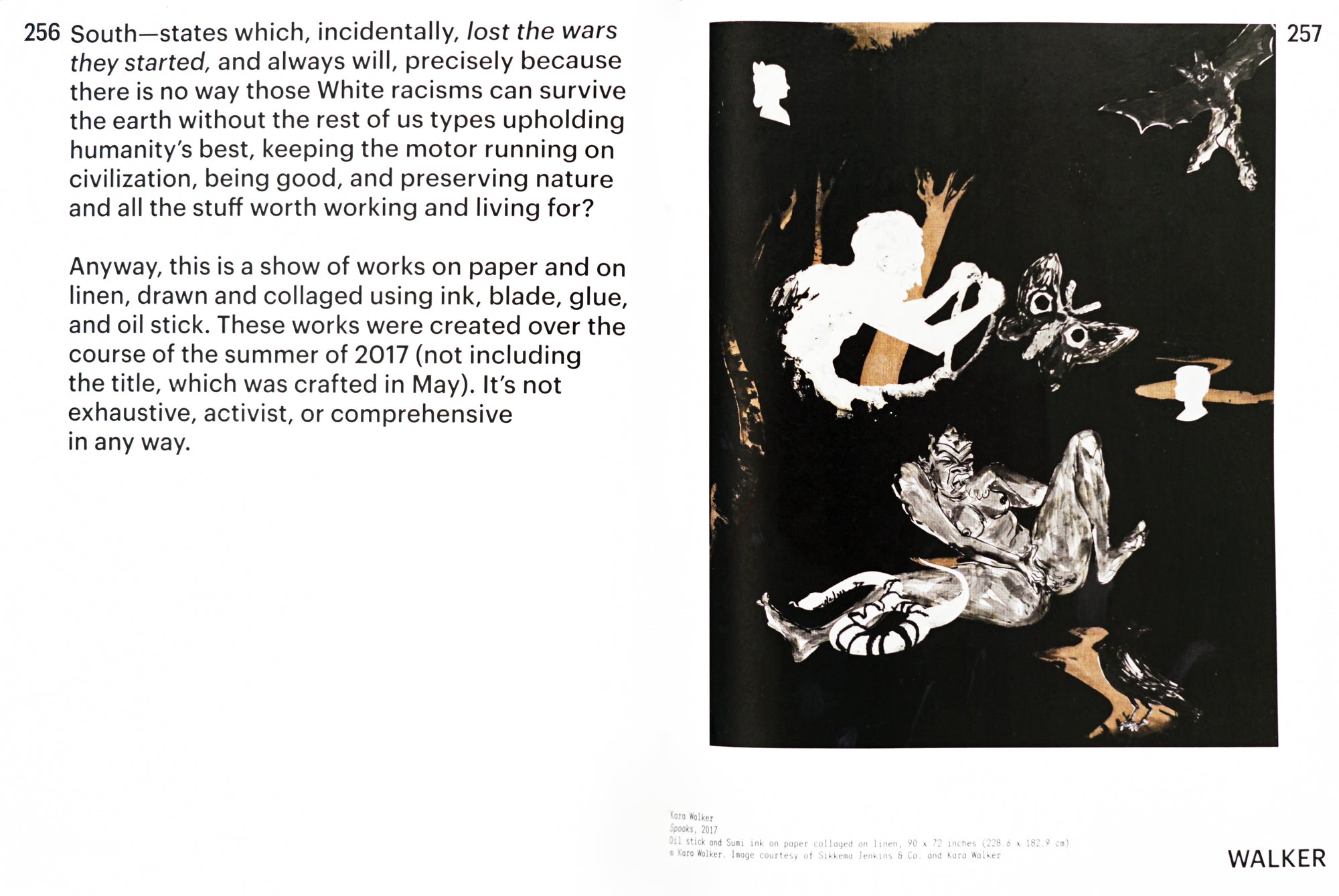 Sans serif type on left with a painting by Kara Walker on right, both pages have a white backdrop