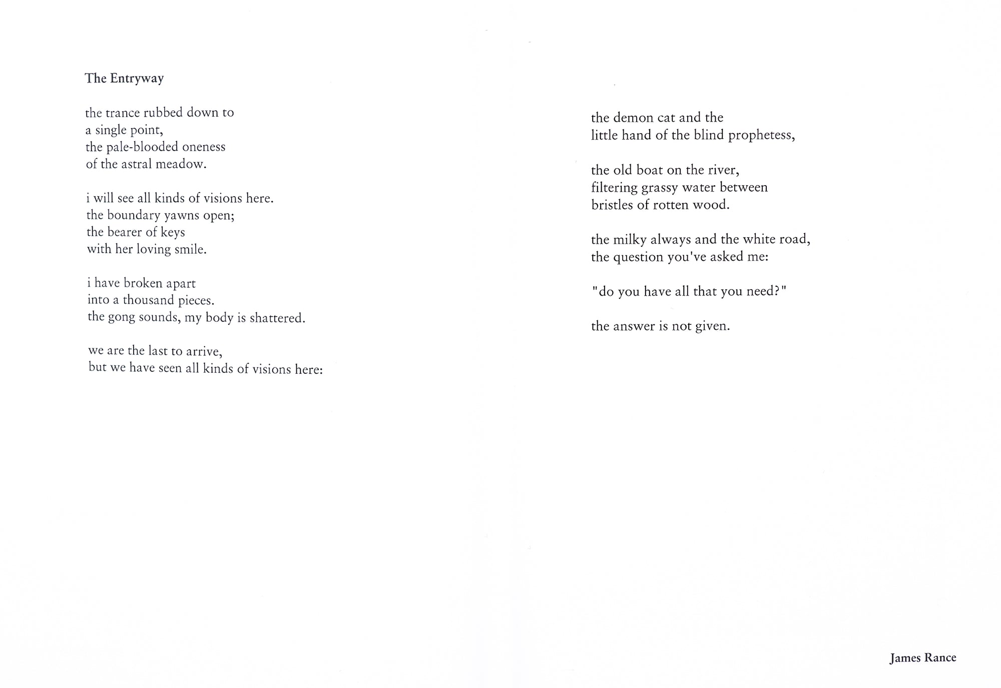 A double spread showing, black on white, a poem titled 'The Entryway' by James Rance across both pages.