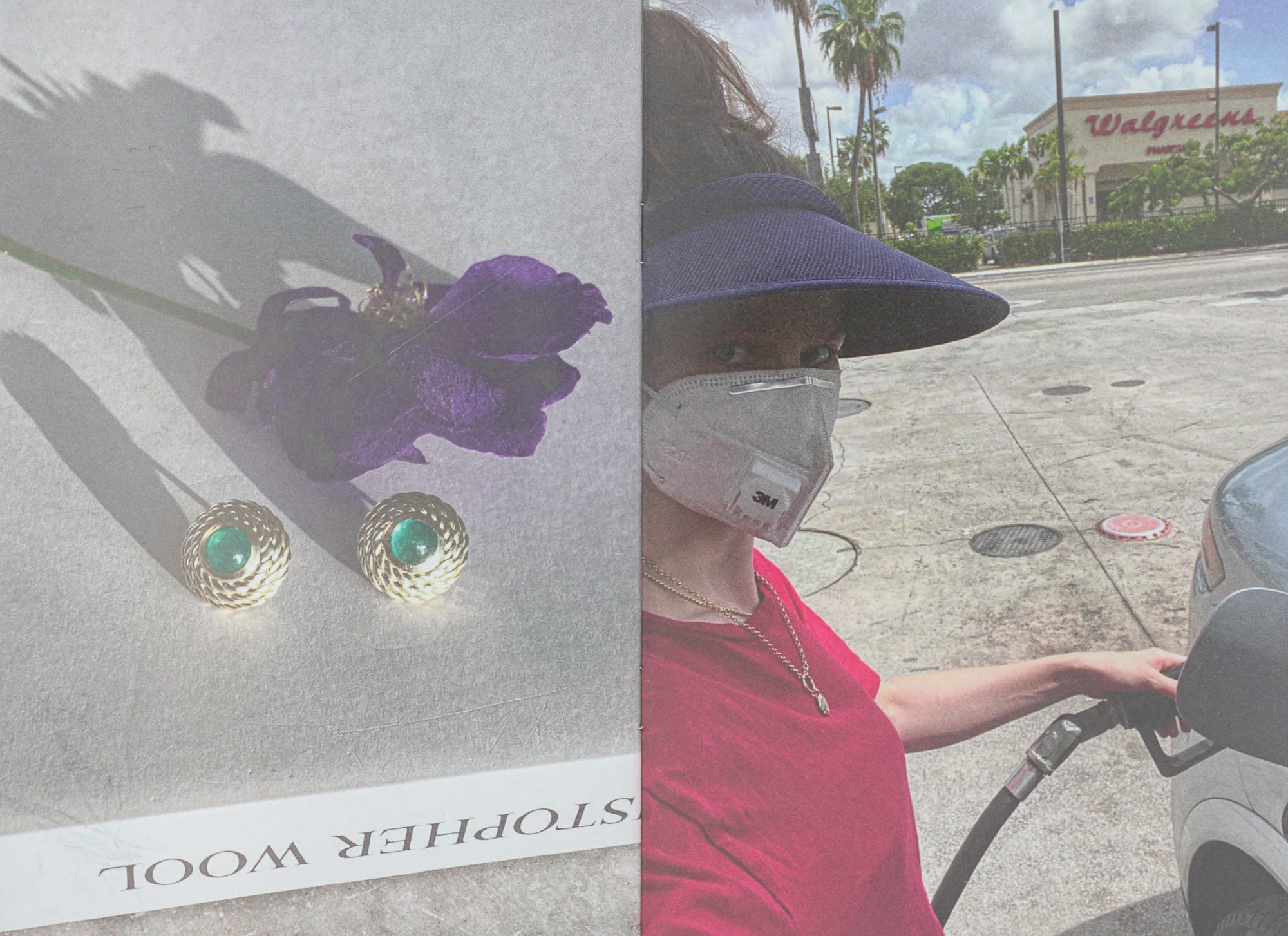 Spread of a book with a photo of a purple flower & earrings next to a photo of a person wearing a mask, pumping gas.