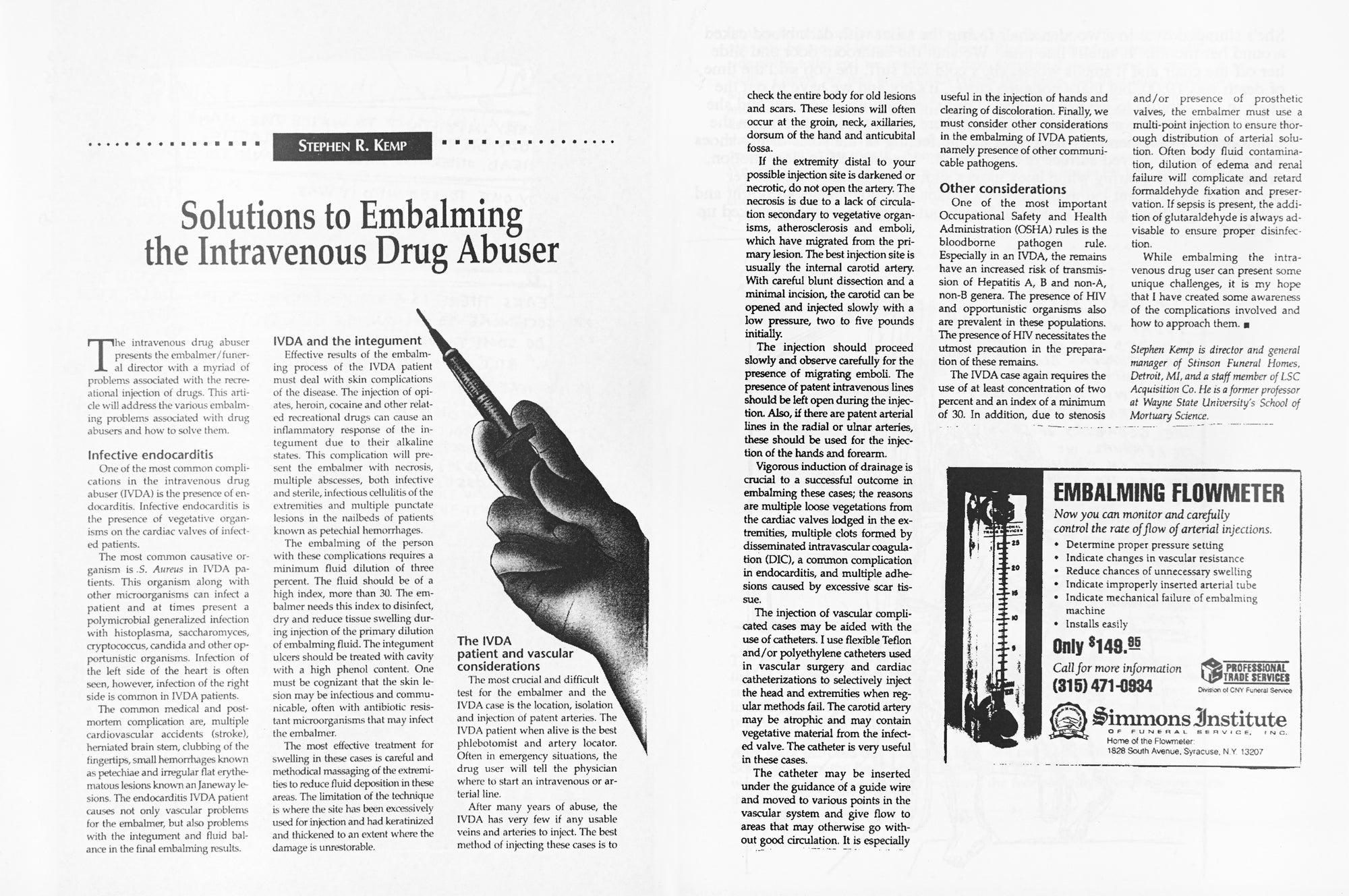 Spread of a book, an article from an embalming magazine entitled "Solutions to Embalming the Intravenous Drug User"