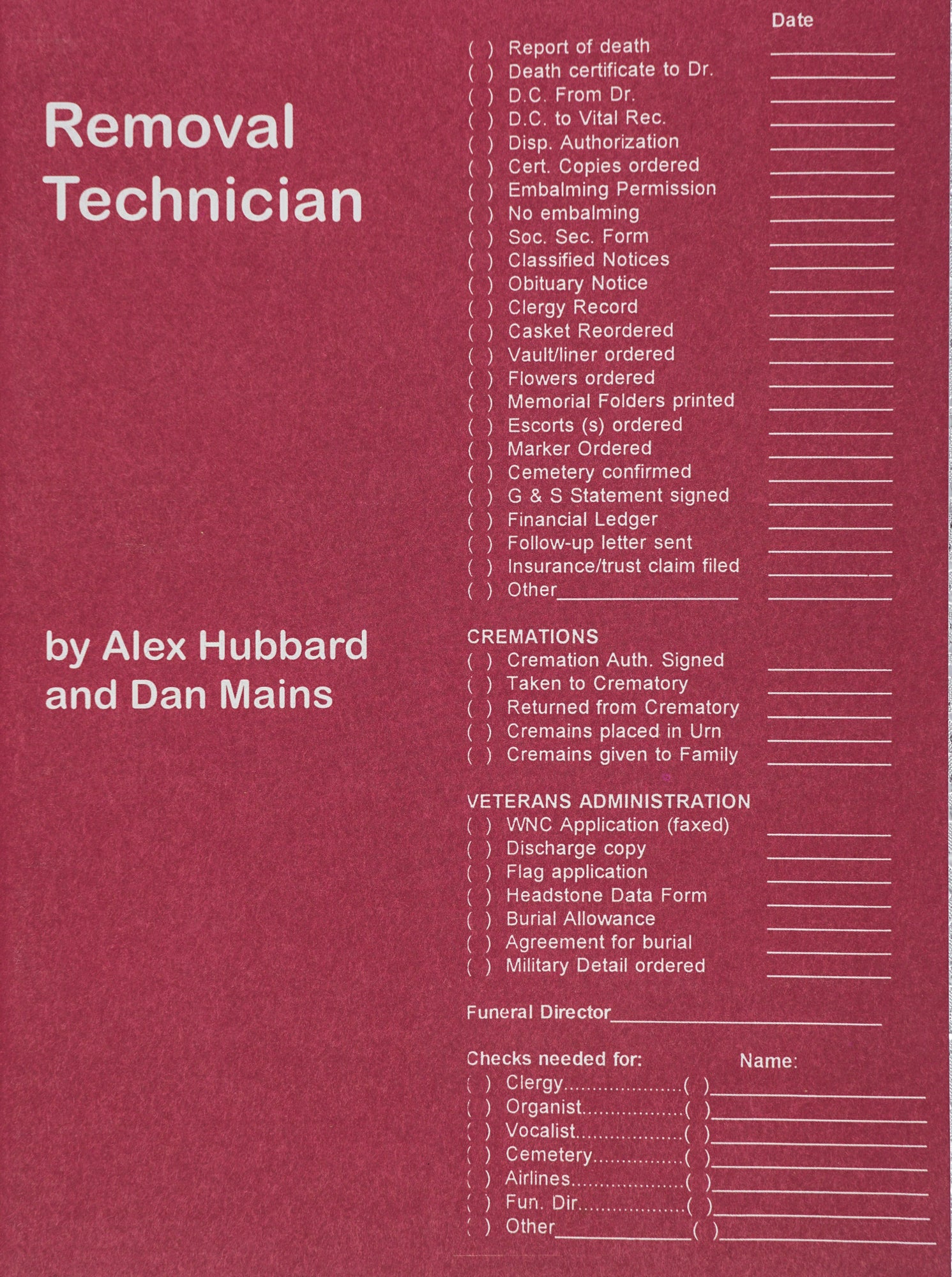 Book cover with the title and author written in sans-serif font, alongside a checklist of things related to embalming.