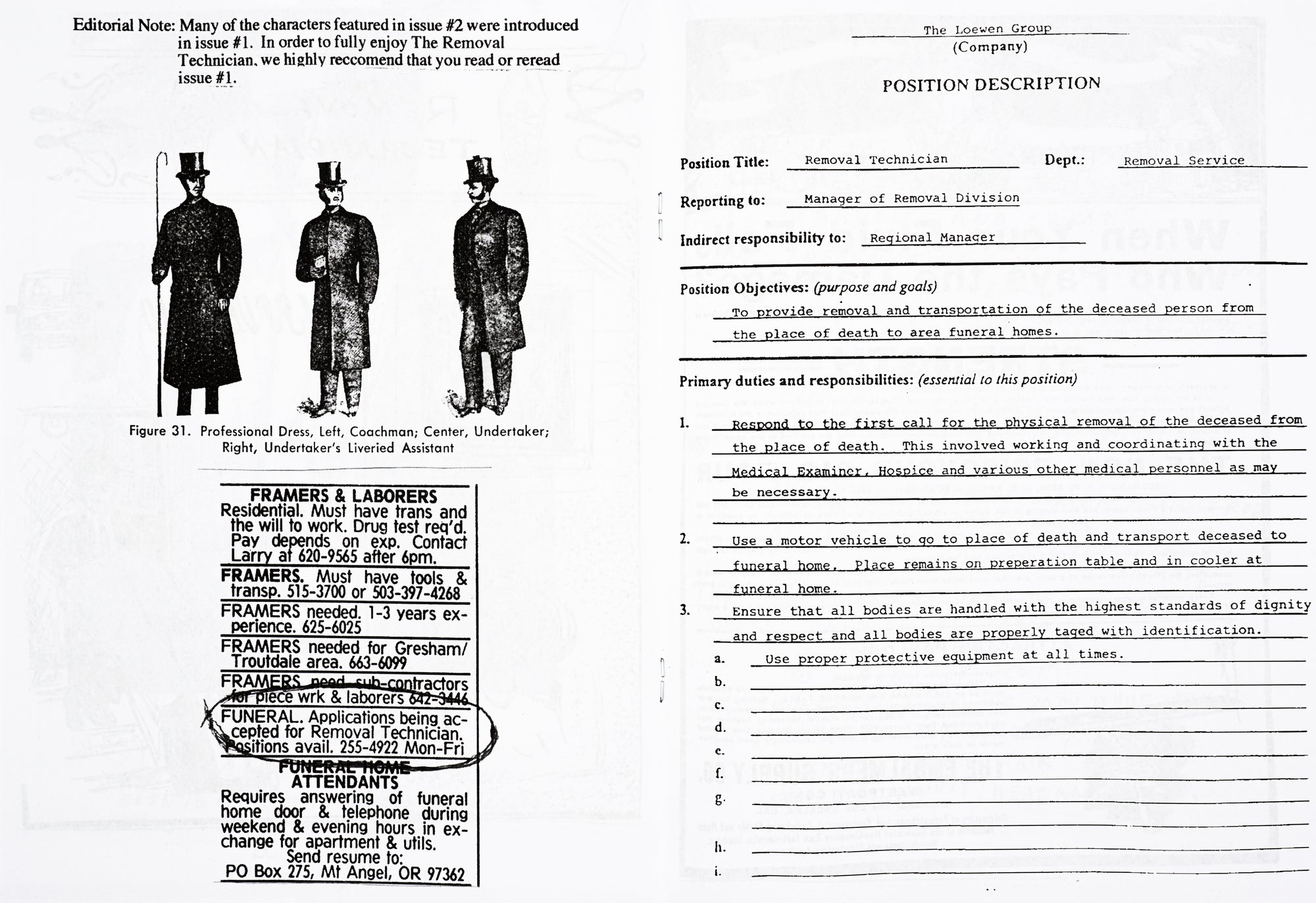 Spread of the book, on the left a newspaper clipping, on the right a typewritten document detailing the job of "Removal Technician"