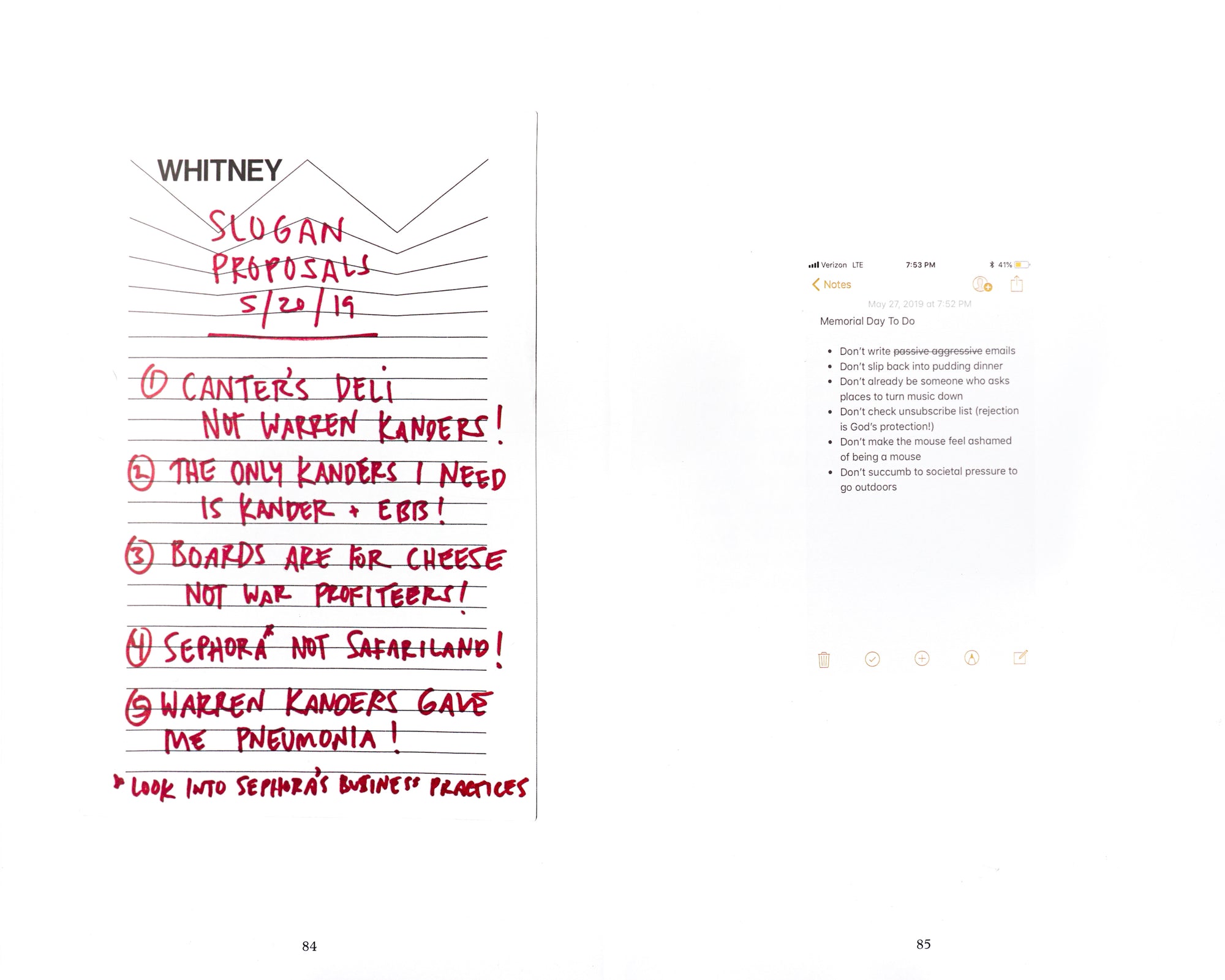 Spread of two of the to-do lists; on the left, a to-do list written in a the apple notes app