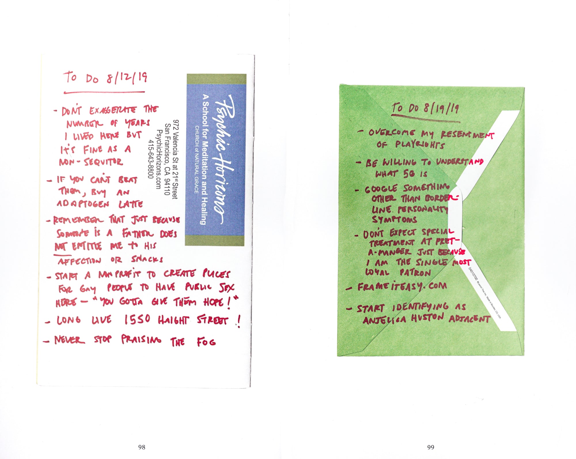 two more do do lists, one written on the back of an envelope, one written on the stationary of a school called Psychic Horizons.