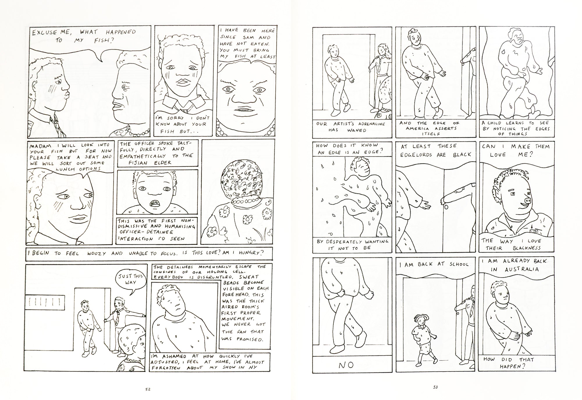 A spread showing the black on white comic strip on both pages. The drawings mainly use outlines, which aren't coloured in.