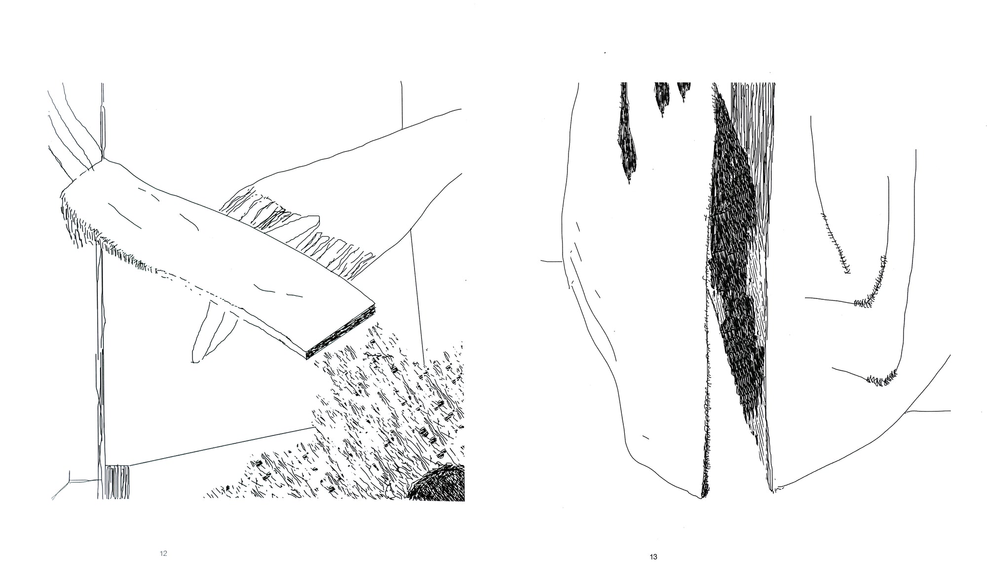A spread of the book, showing a fine line drawing on each side. The drawings are relatively abstract while it's evident they are representing material or textile.