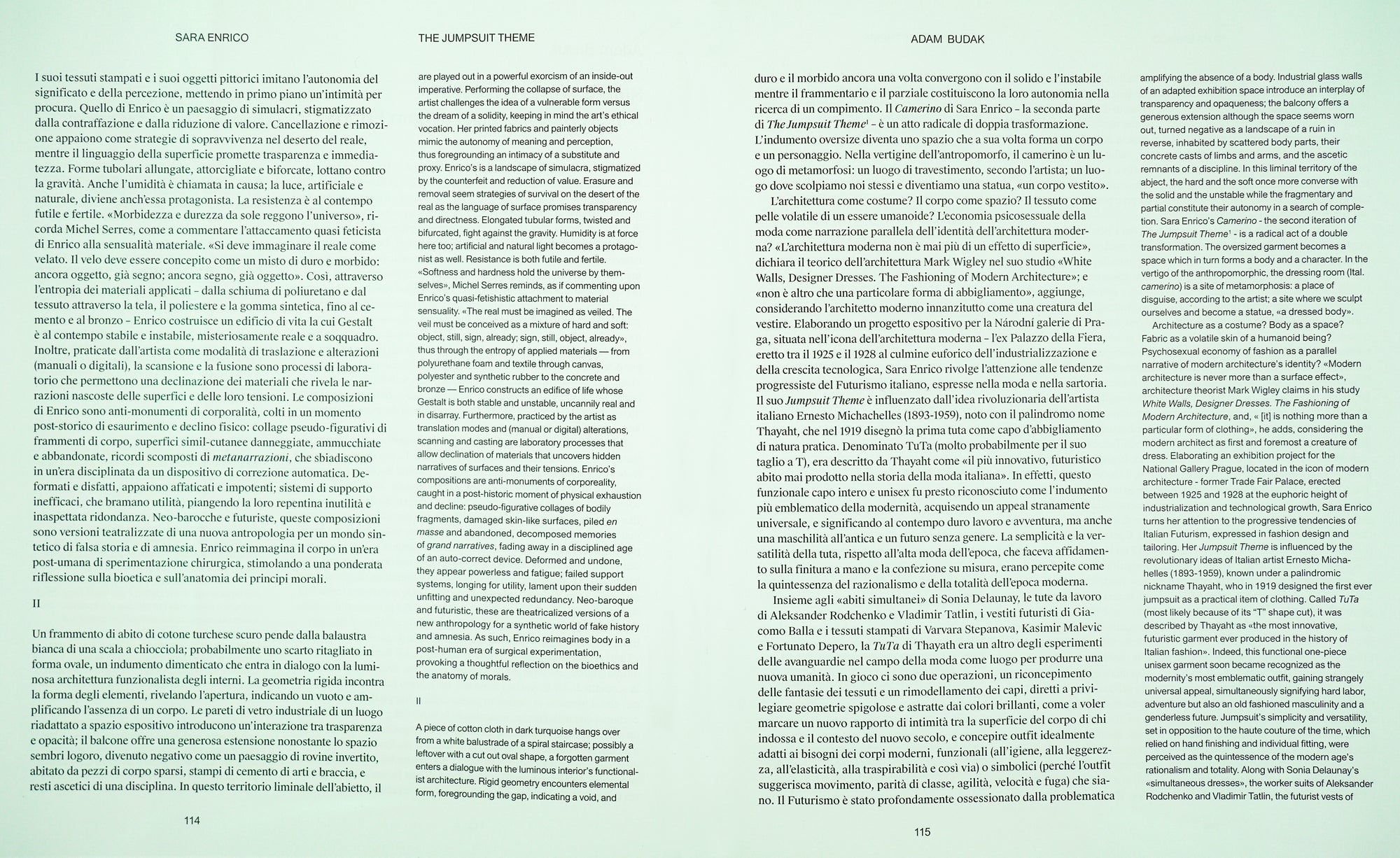 Spread presenting black serif flow text on a light green background.