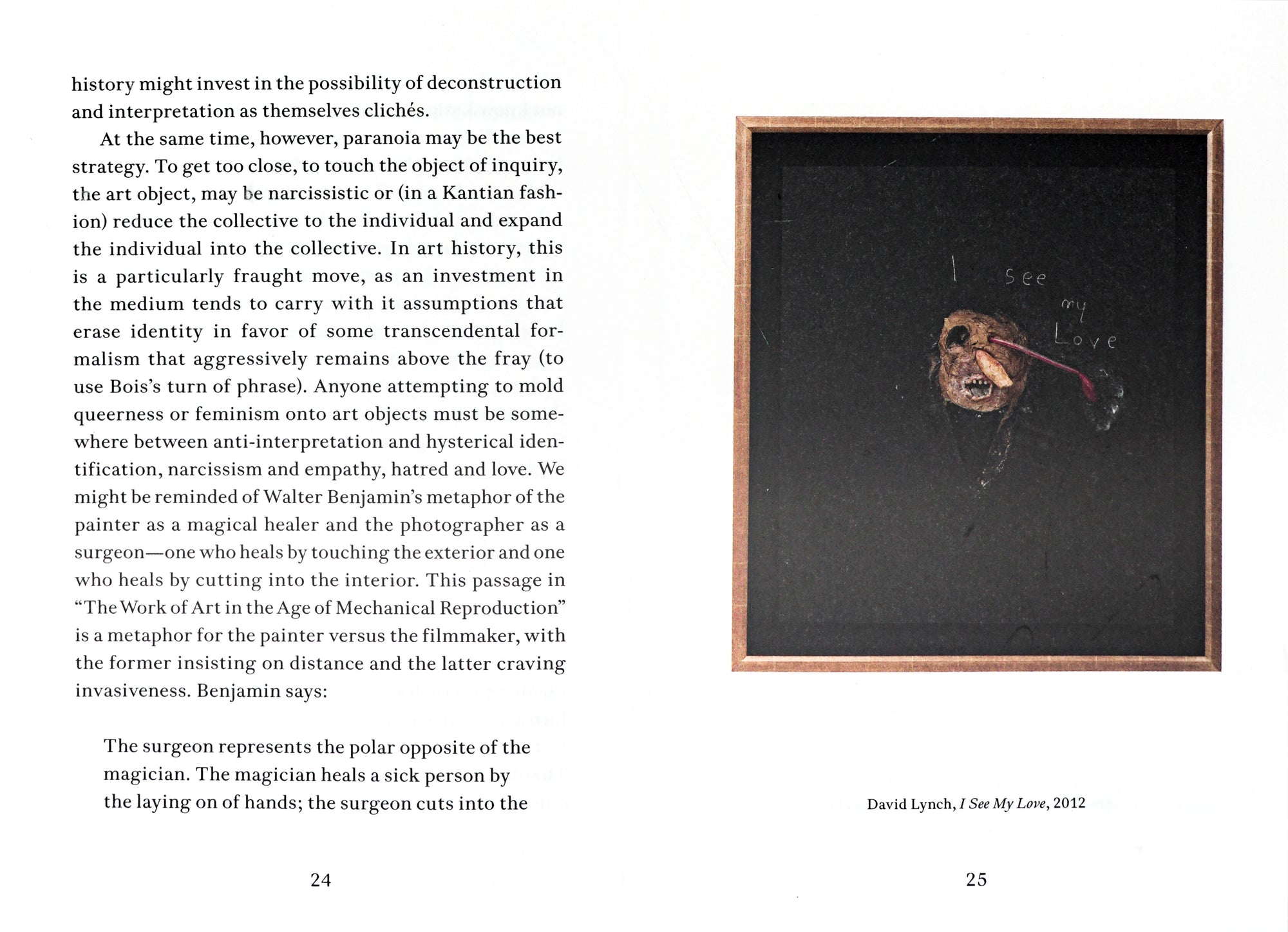 Spread of the book, with a painting by David Lynch on one side and explication of the painting on the left side.
