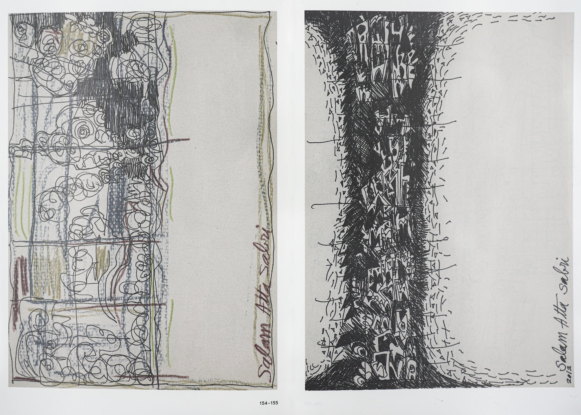 Spread of two abstract, black and white pen & ink drawings, which are tonal and scribbley.