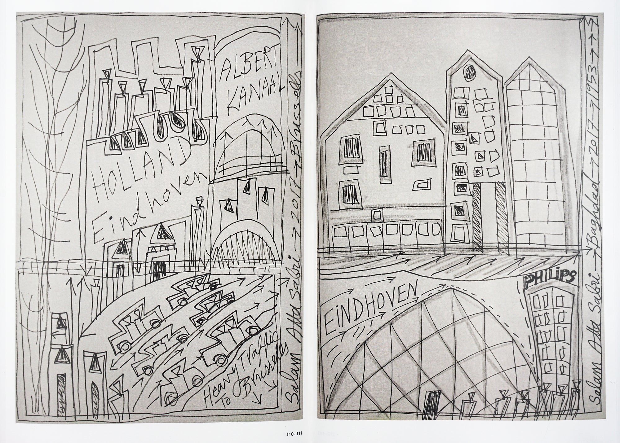 Spread of two black & white pen and ink drawings of houses and stores.