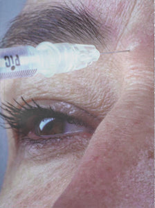 A full bleed image of a face at an 45 degree angle. The close-up shows a part of the nose, the right eye and eyebrow, while there is a syringe injecting something between the brows, likely depicting a cosmetic alteration.