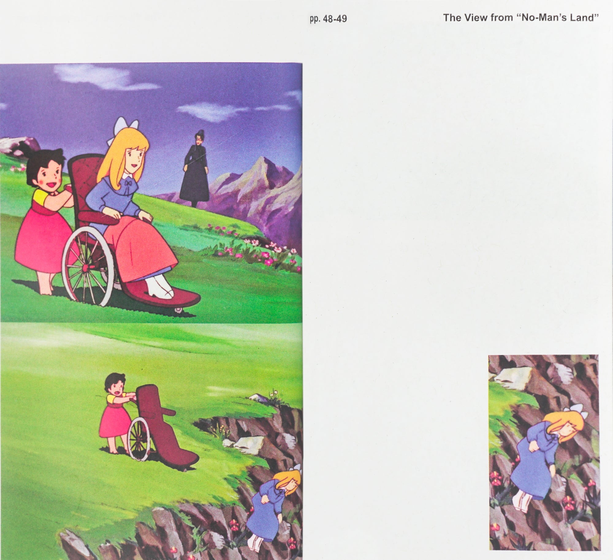 Color illustration done in the anime style of a girl pushing another girl sat in wheelchair off of a cliff which a woman looks over in the mountain landscape
