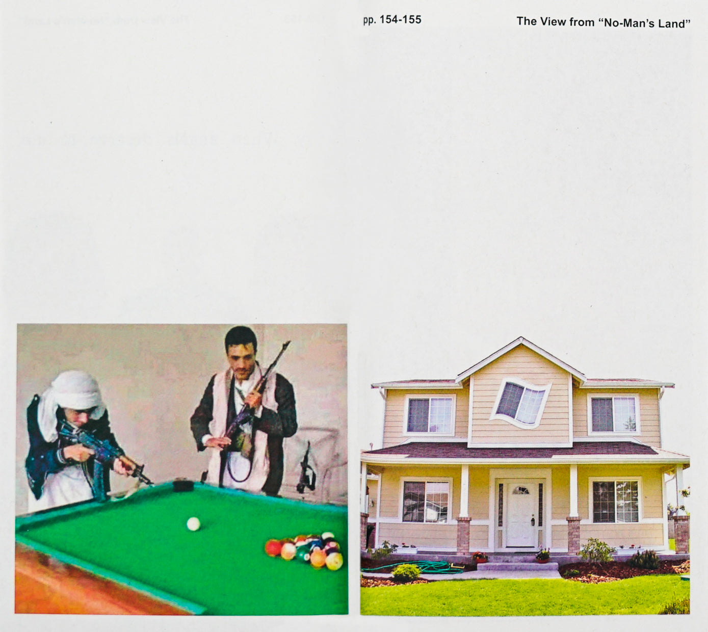 A white square page with a a photo of two men in the lower left corner holding guns in front of a pool table alongside an image of a house on the right lower side of the picture. The middle window of the house is in the shape of the Microsoft sign.