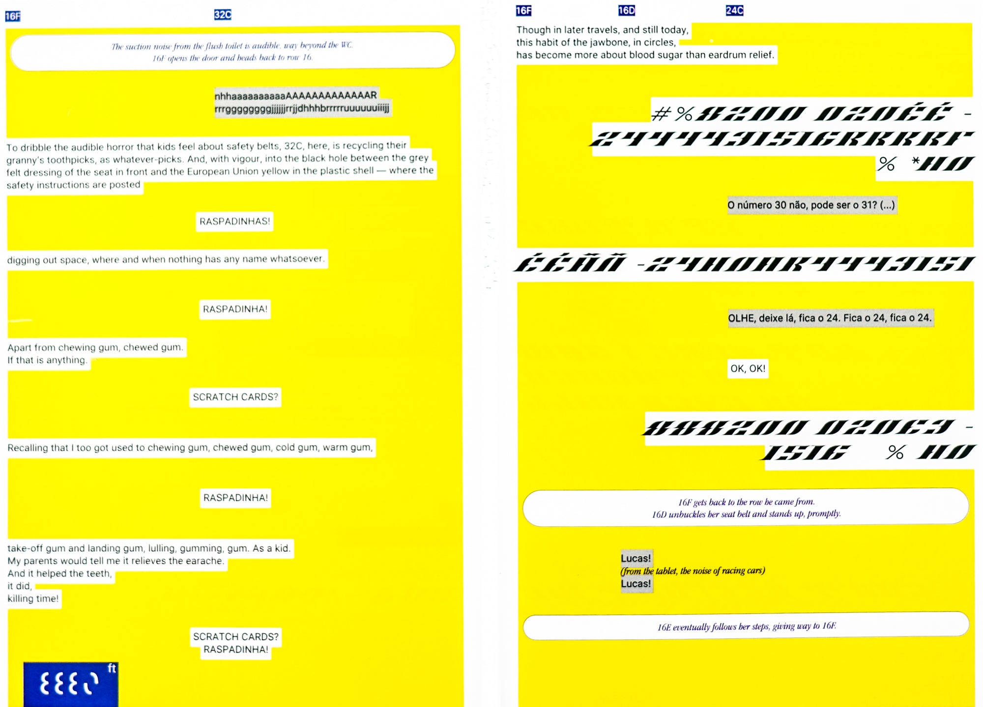 A spread of two pages showing a largely yellow background with a dialogue set in various different typefaces and graphics. Spanning on the top border, seat numbers resembling those of a plane are dotted. 