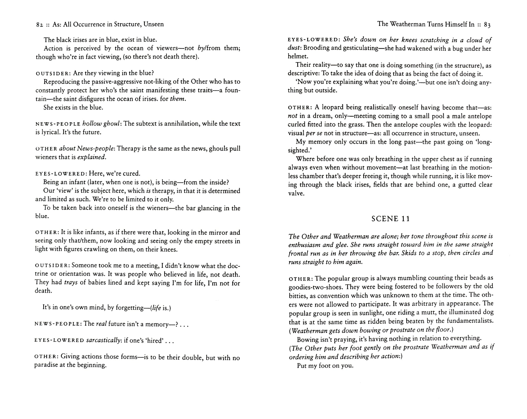 A spread of writing in the style of a script.