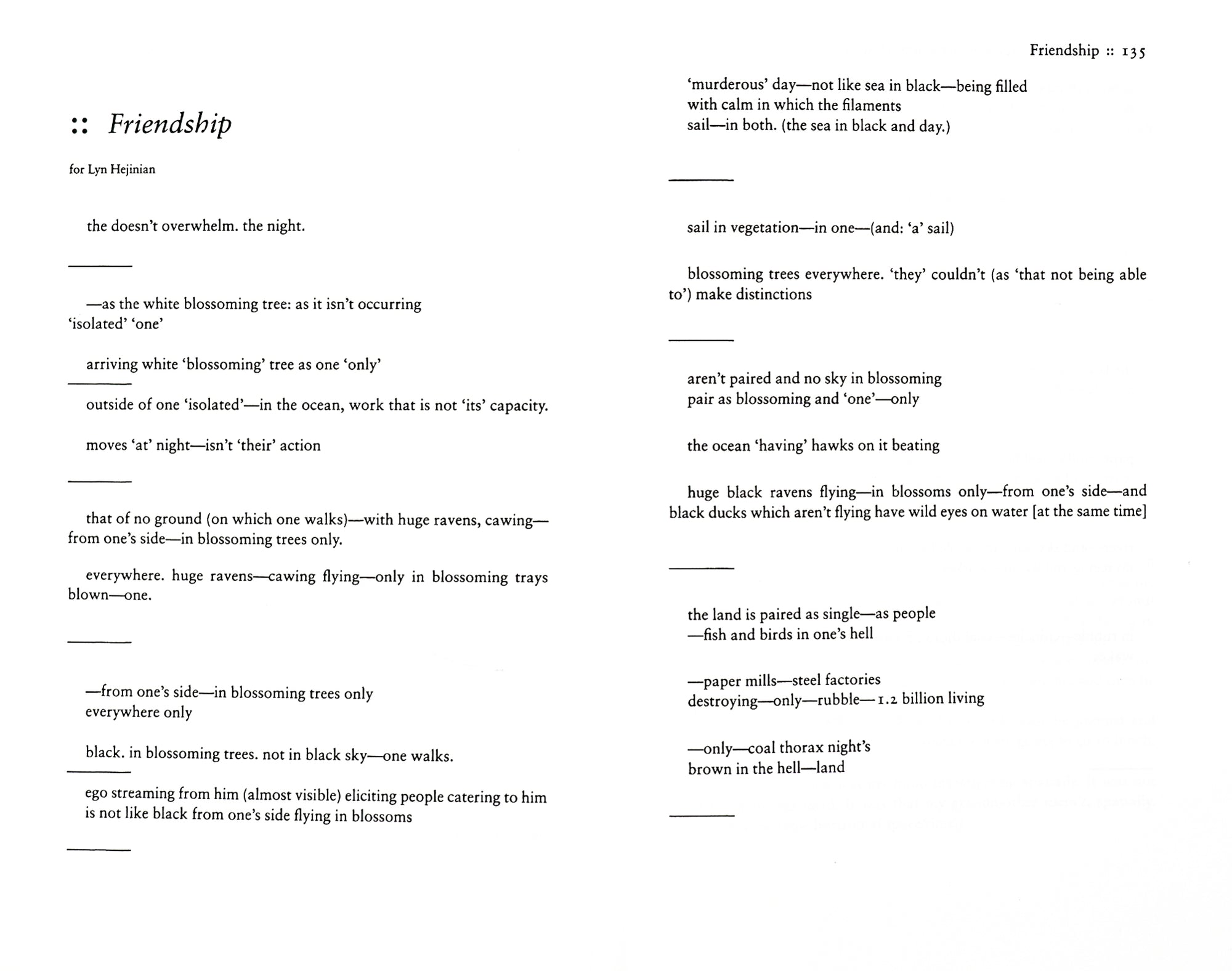 A spread of Scalapino's 'Friendship' poem.