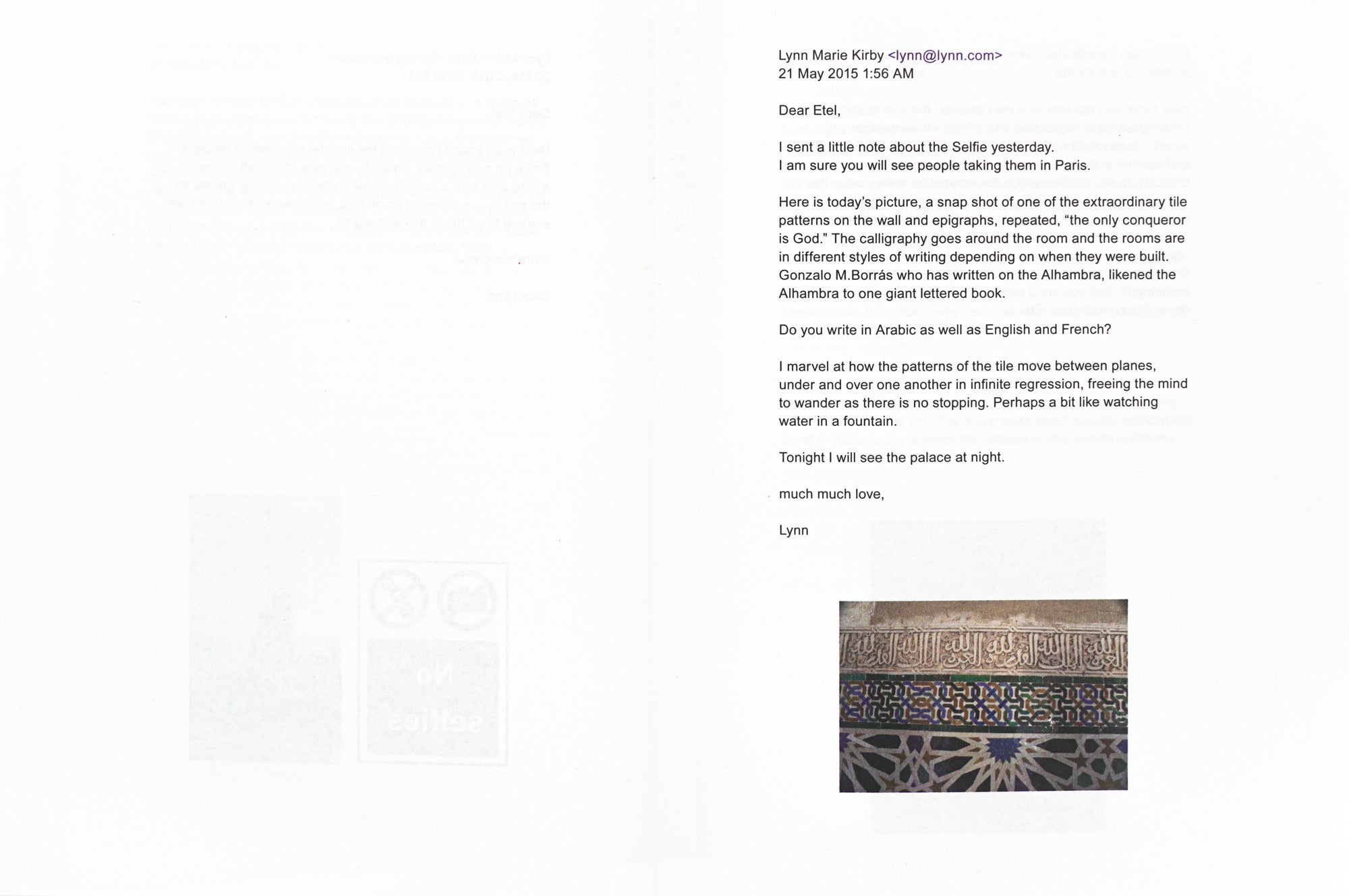 A spread depicting, on a white background, an e-mail that Lynn sent to Etel, also entailing an image attachment of a tile arrangement with a line of Arabic type.